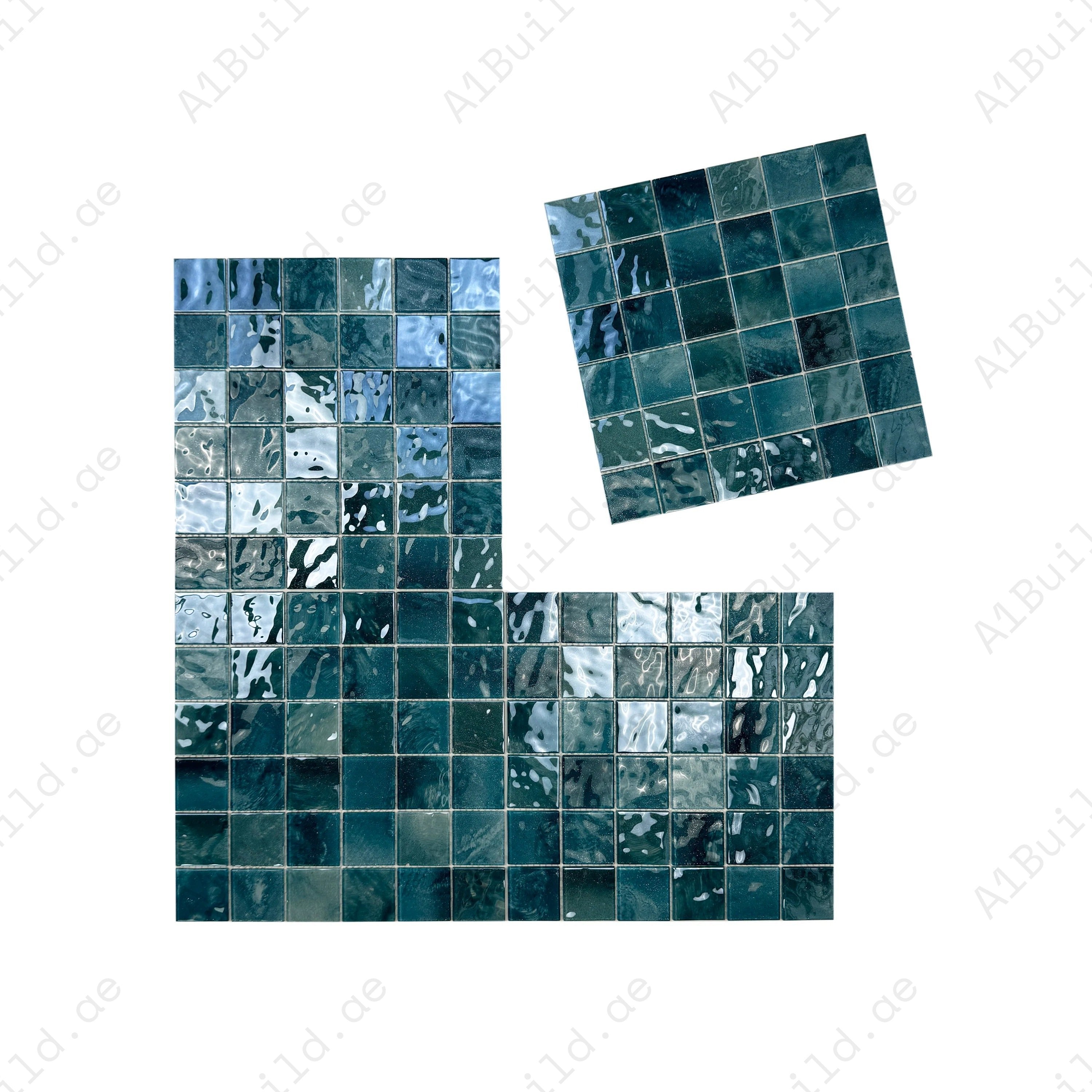 Tiffany, Sapphire & Yale Blue glass mosaic tile with marble texture Durable slip-resistant & eco-friendly, ideal for spas, water walls & luxury spaces in Dubai.