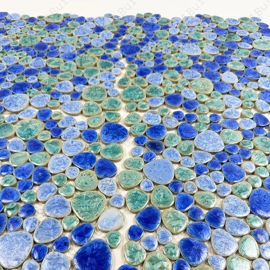 Tiffany, royal & neon blue mixed round ice crack porcelain mosaic. Ideal for walls, bathrooms, kitchens, and feature areas, adding a vibrant modern style.