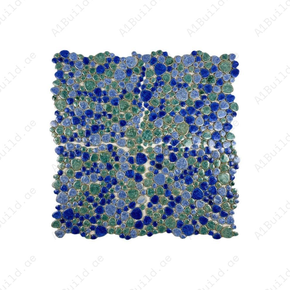 Tiffany, royal & neon blue mixed round ice crack porcelain mosaic. Ideal for walls, bathrooms, kitchens, and feature areas, adding a vibrant modern style.