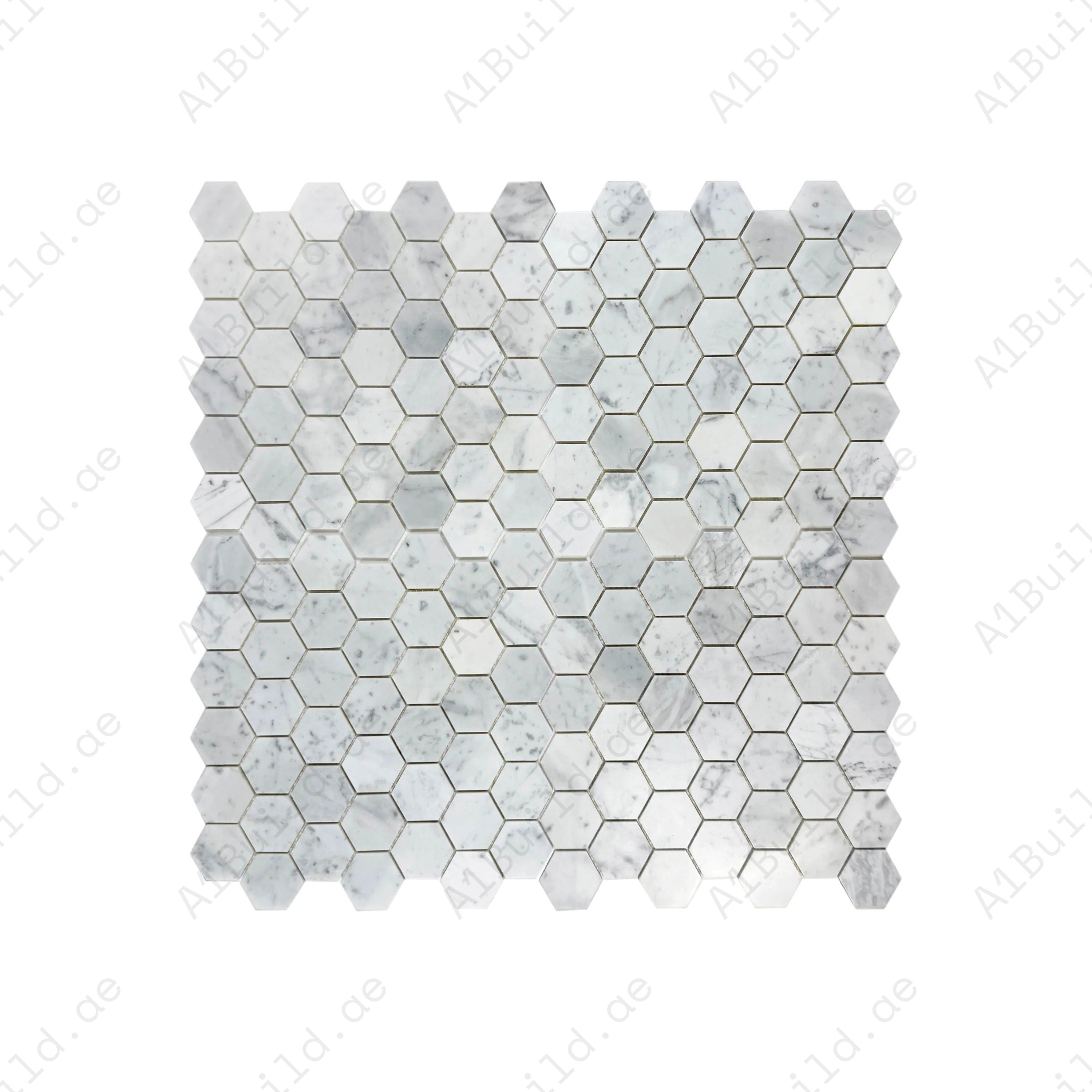 Timeless Carrara white polished hexagon marble mosaic tiles for walls, floors, and backsplashes. Durable, elegant, and perfect for modern luxury interiors.