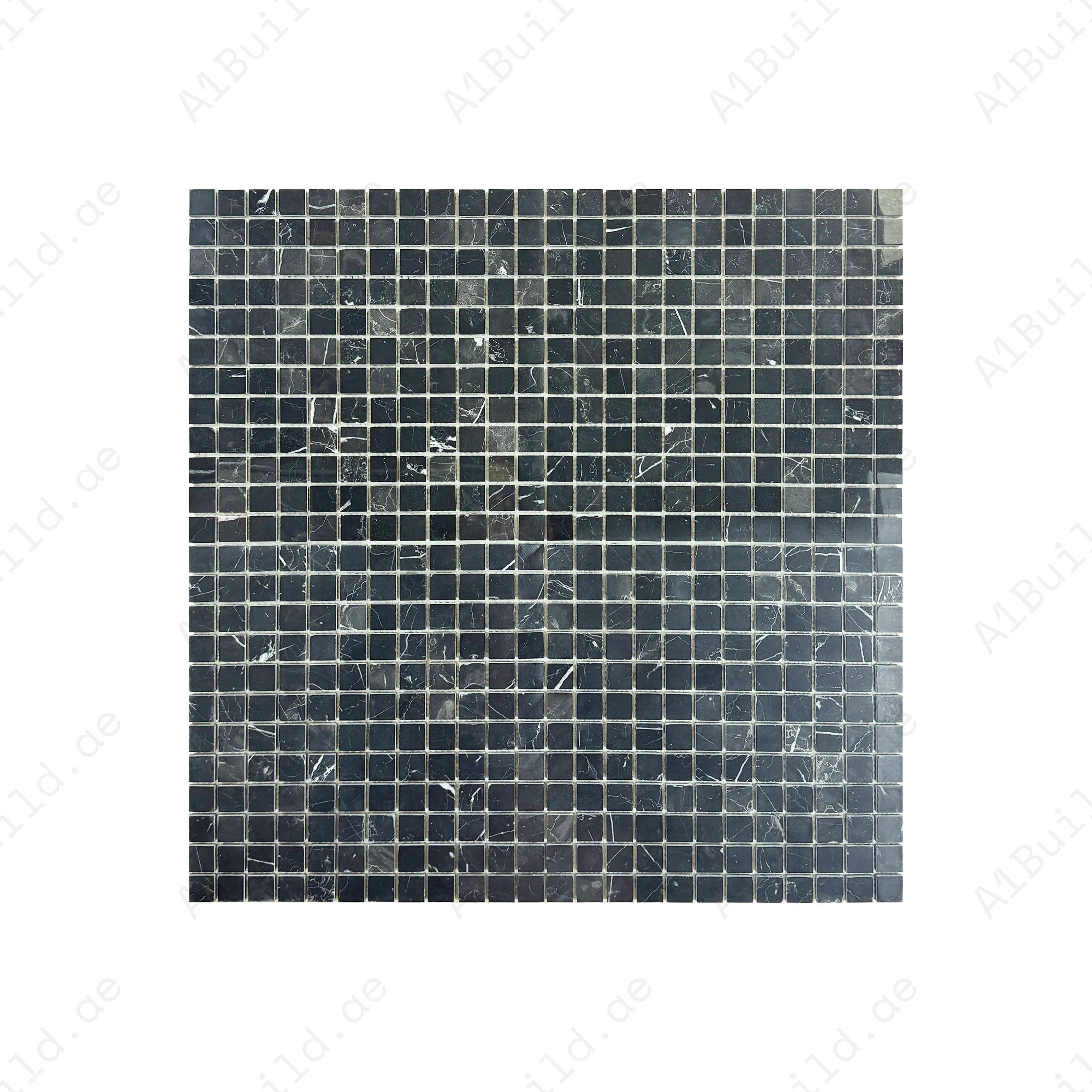 Timeless Marble Black Marquina Mosaic 15x15mm. Premium polished marble, durable, scratch & stain resistant, perfect for luxury bathrooms, kitchens & walls.