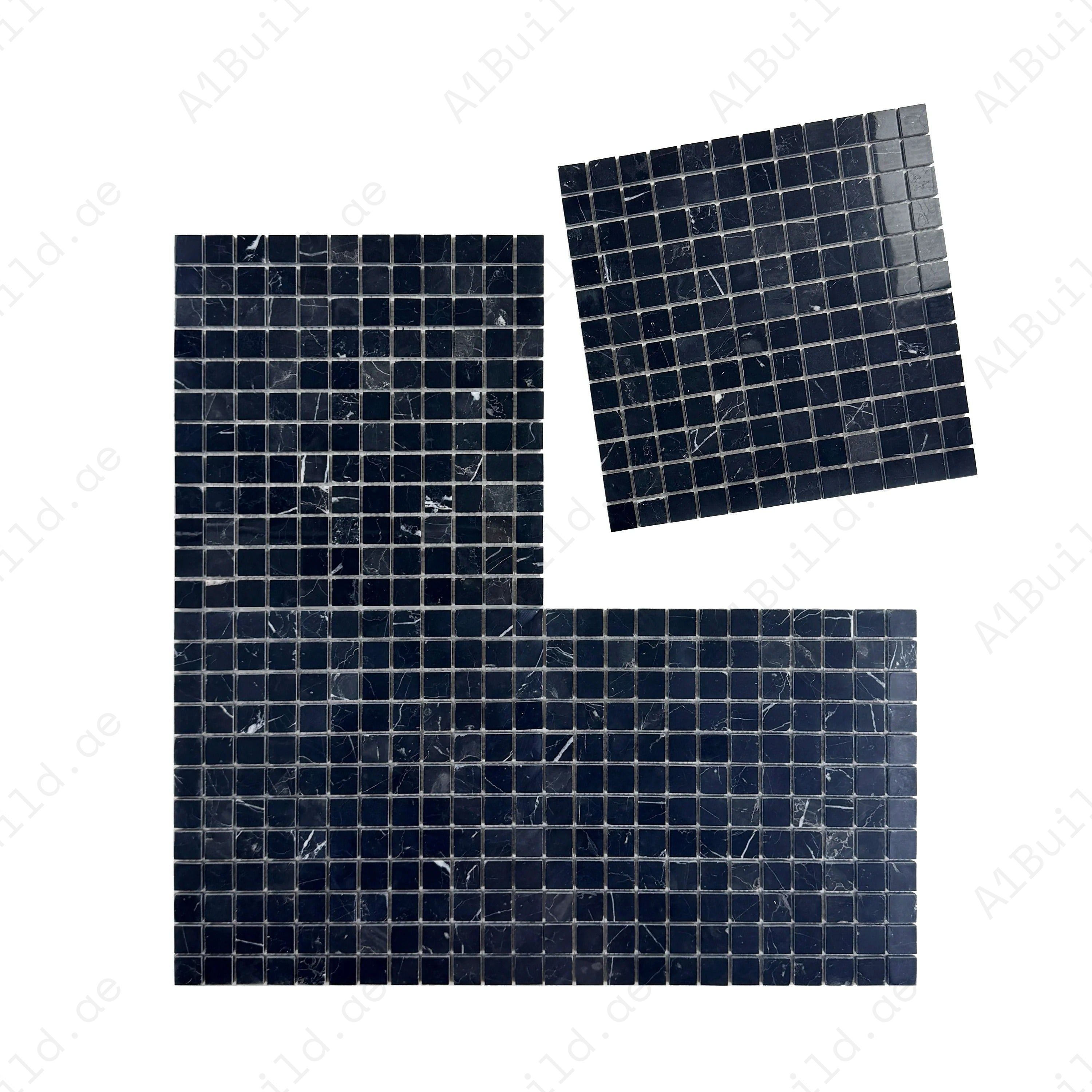 Timeless Marble Black Marquina Mosaic 15x15mm. Premium polished marble, durable, scratch & stain resistant, perfect for luxury bathrooms, kitchens & walls.
