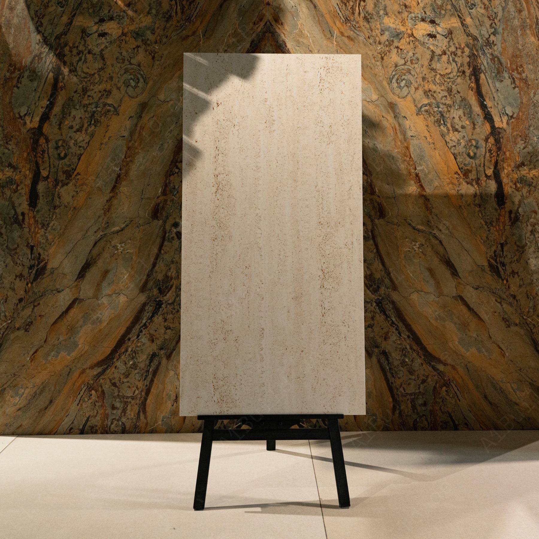 Travertino Beige matt porcelain tile 60x120cm with 9mm thickness features warm beige tones, travertine stone texture and natural matte finish.