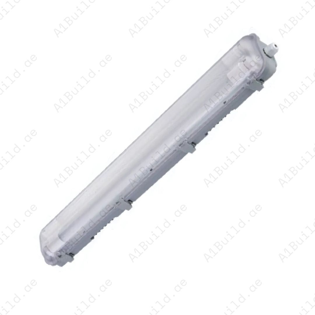 Shop Tri-Proof Housing ES-0797 for 2x60cm T8 tubes. Featuring IP65 waterproof design, PS cover, stainless steel clips, and HIPS body for durable industrial lighting.
