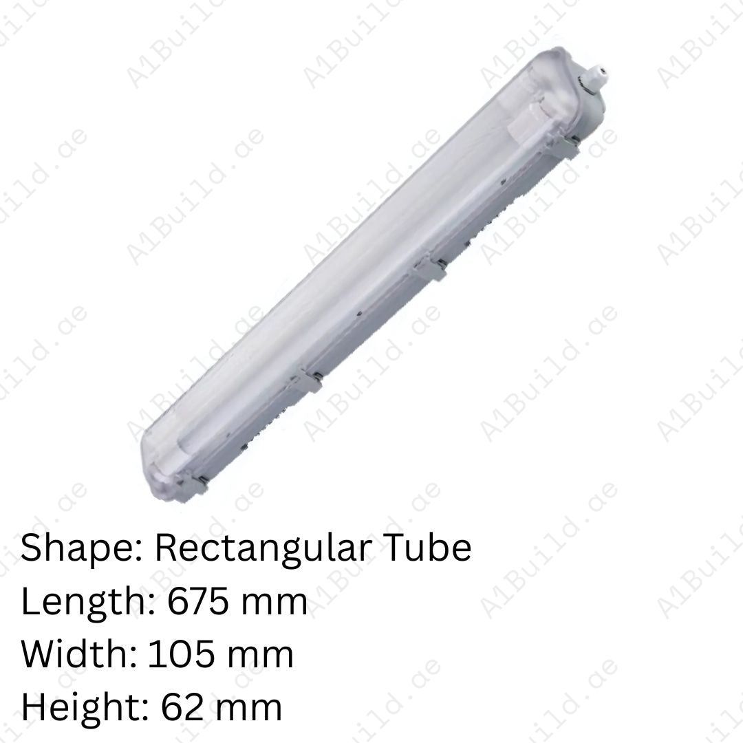 Shop Tri-Proof Housing ES-0797 for 2x60cm T8 tubes. Featuring IP65 waterproof design, PS cover, stainless steel clips, and HIPS body for durable industrial lighting.