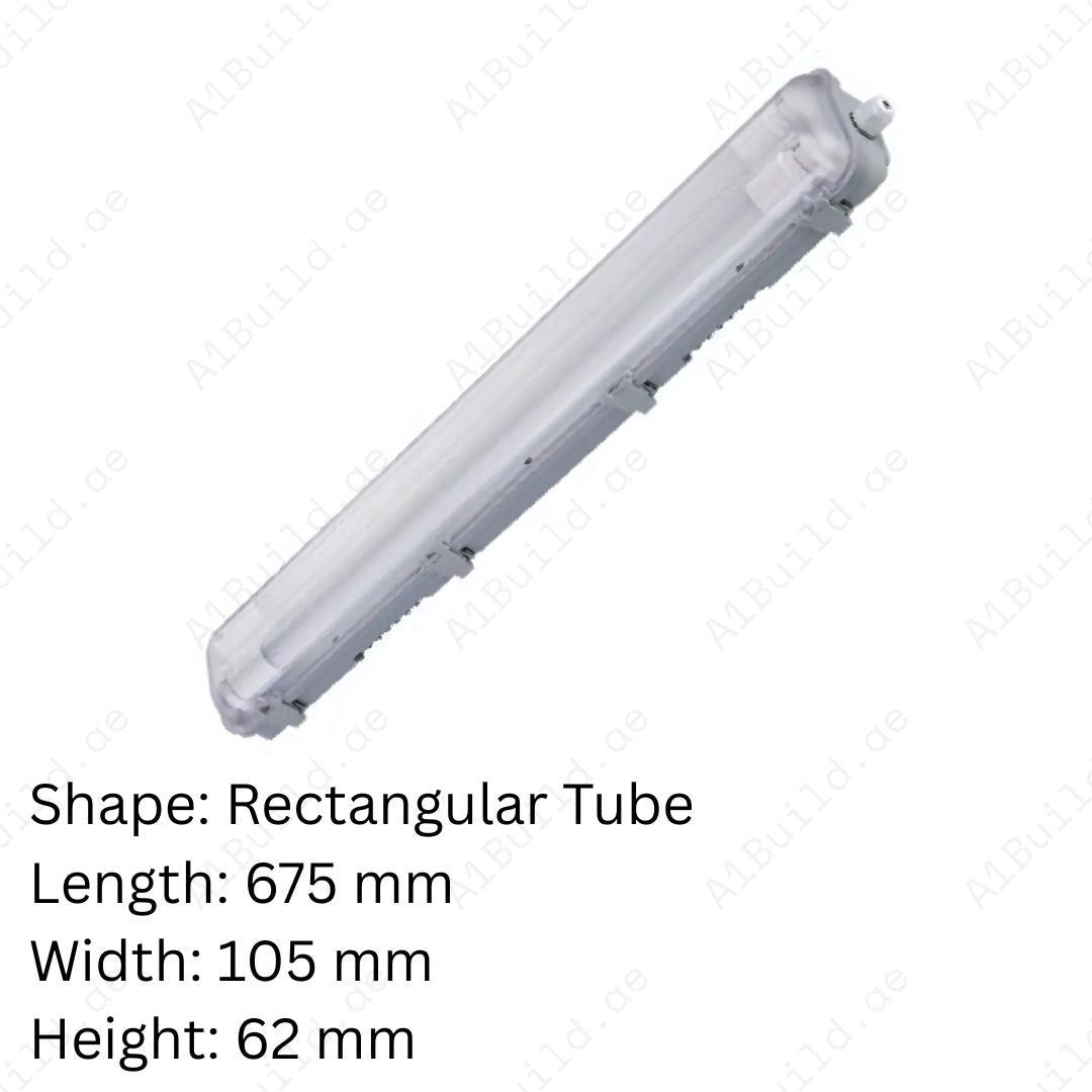 Shop Tri-Proof Housing ES-0797 for 2x60cm T8 tubes. Featuring IP65 waterproof design, PS cover, stainless steel clips, and HIPS body for durable industrial lighting.