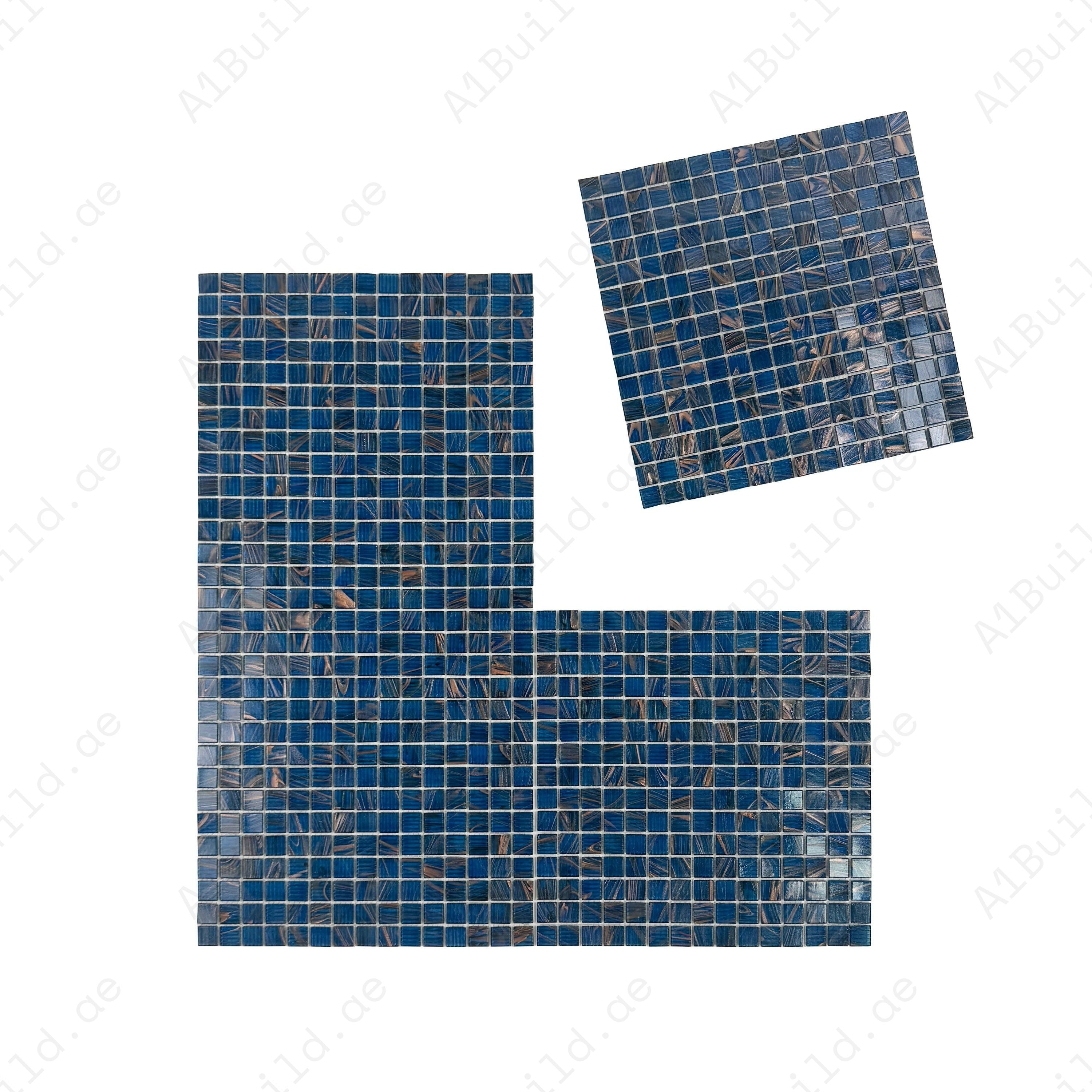 Ultramarine blue glass mosaic with gold lines for pools & spas. UV-resistant, slip-proof & eco-friendly—luxury design ideal for Dubai’s aquatic projects.