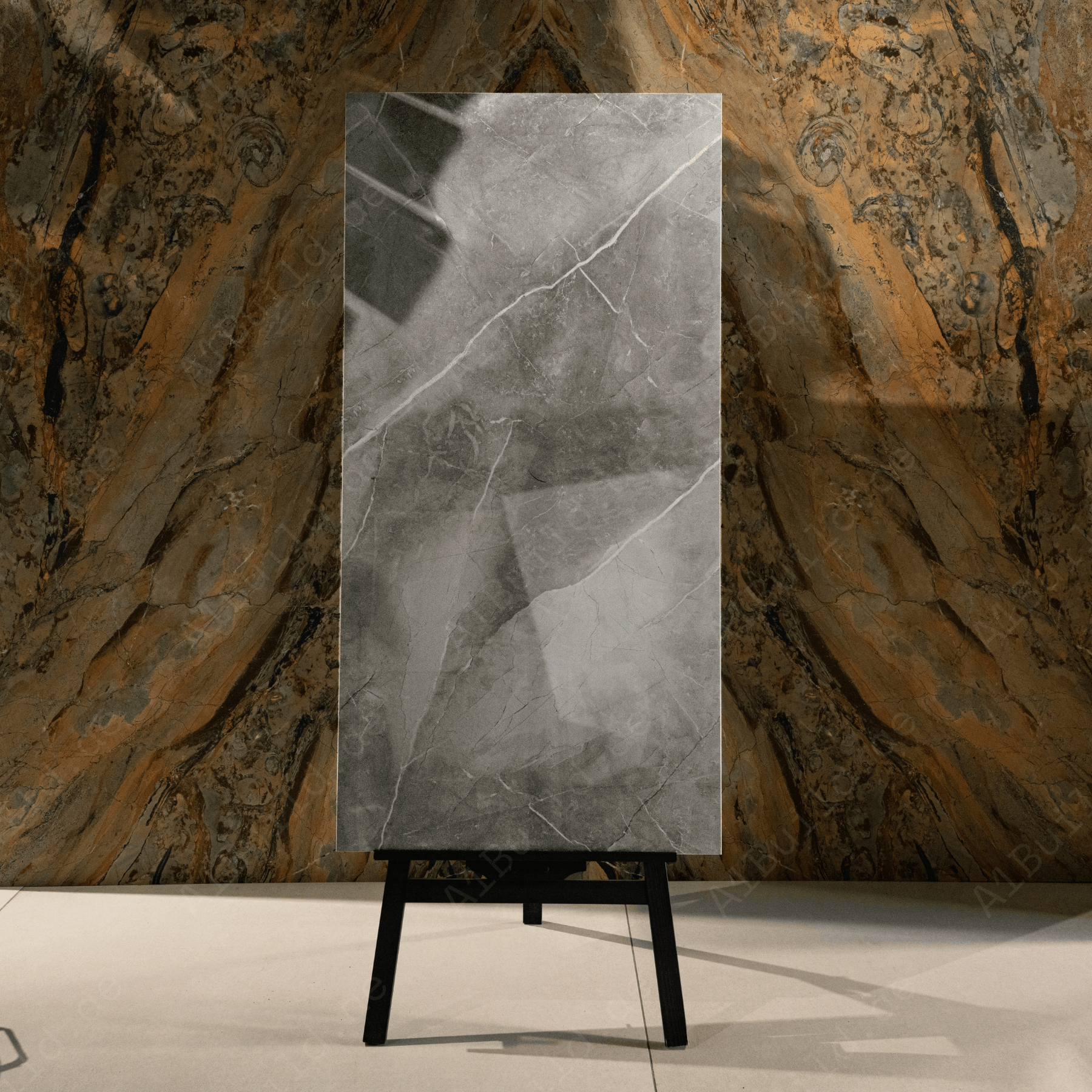 Unica Grey porcelain tile 60x120cm 9mm thickness, marble look design, durable porcelain, ideal for floors and walls in modern interiors.
