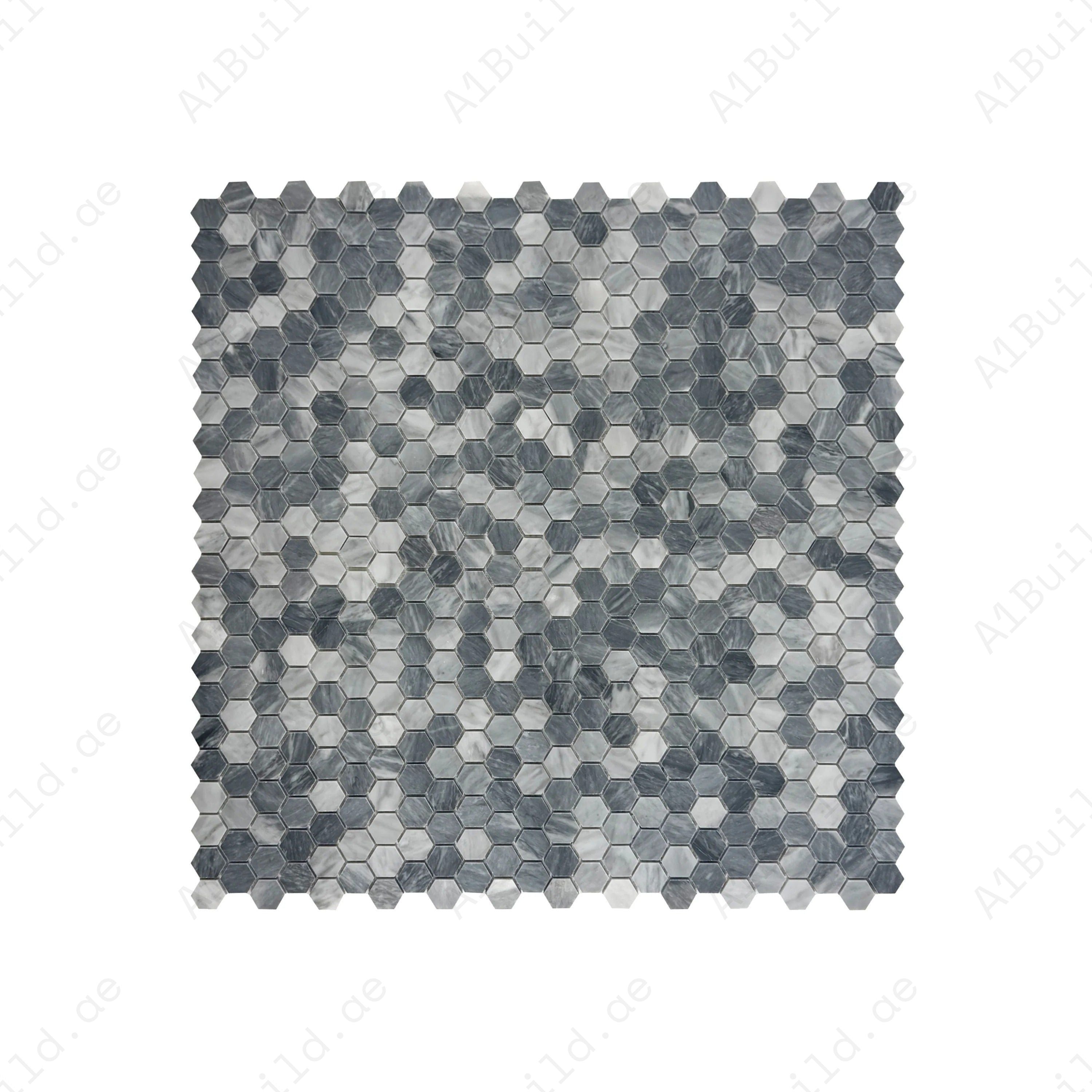 Upgrade interiors with Versace Luxury Bardiglio hexagon marble mosaic. Polished finish, timeless pattern, perfect for walls, floors, and luxury spaces.