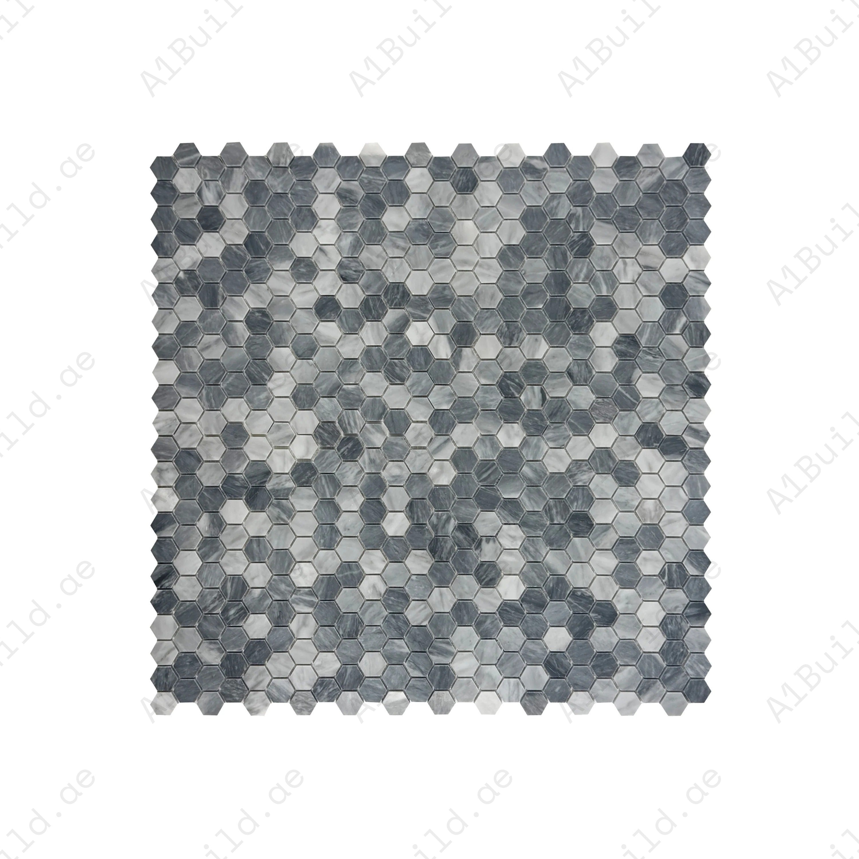 Upgrade interiors with Versace Luxury Bardiglio hexagon marble mosaic. Polished finish, timeless pattern, perfect for walls, floors, and luxury spaces.