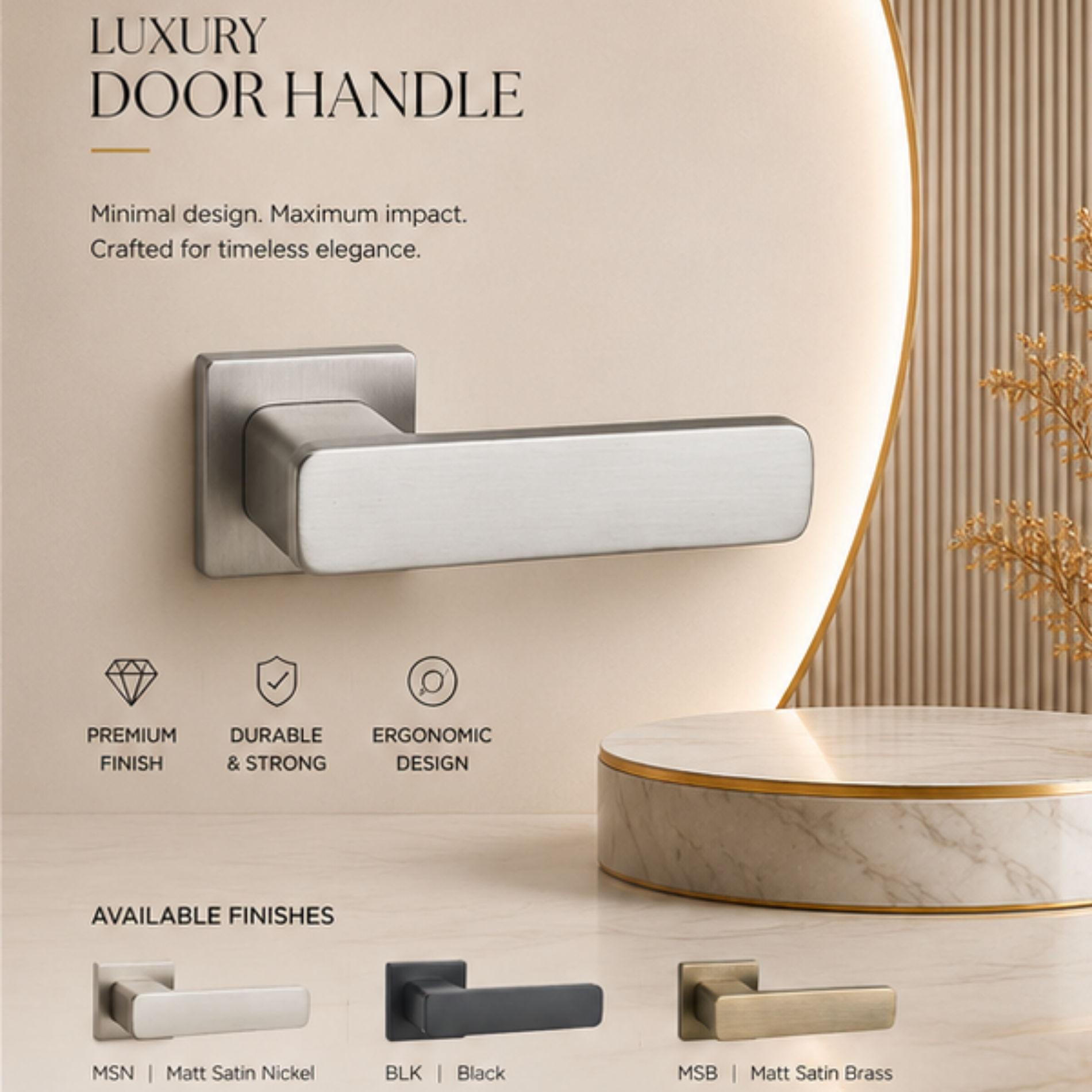 Upgrade interiors with the ZR200752 Cylenk Merk luxury zinc alloy door handle in Black, Matt Satin Nickel and Satin Brass finishes.