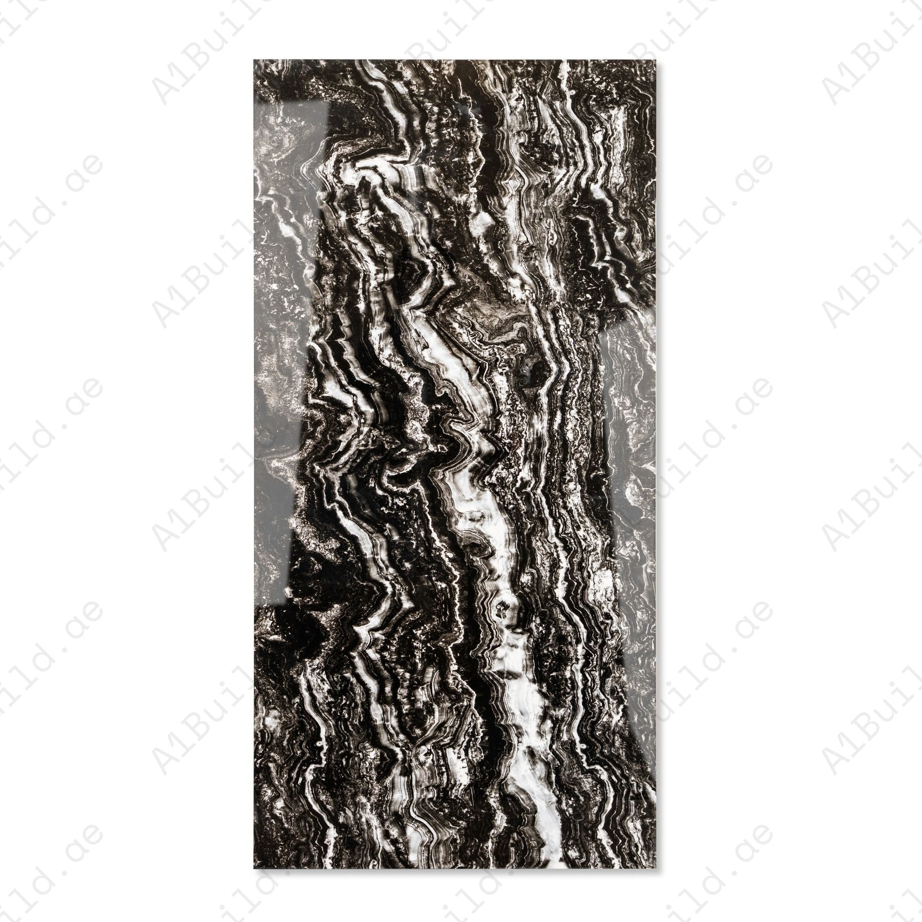 Vercel Black glossy marble porcelain tile 60x120cm with 9mm thickness features deep black base, subtle veining and polished finish.