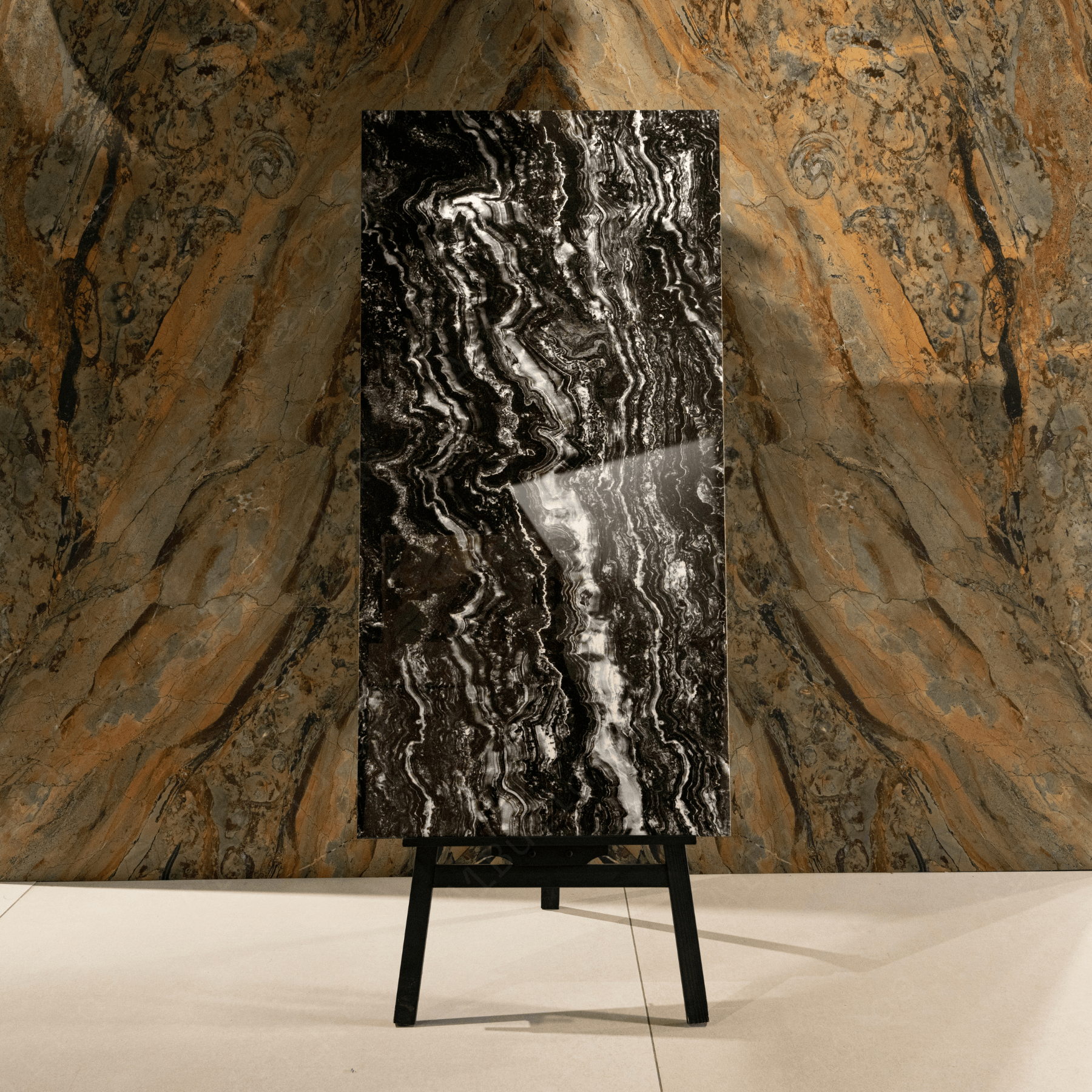 Vercel Black porcelain tile 60x120cm 9mm thickness, black marble look design, durable porcelain tile for modern luxury floors and walls.