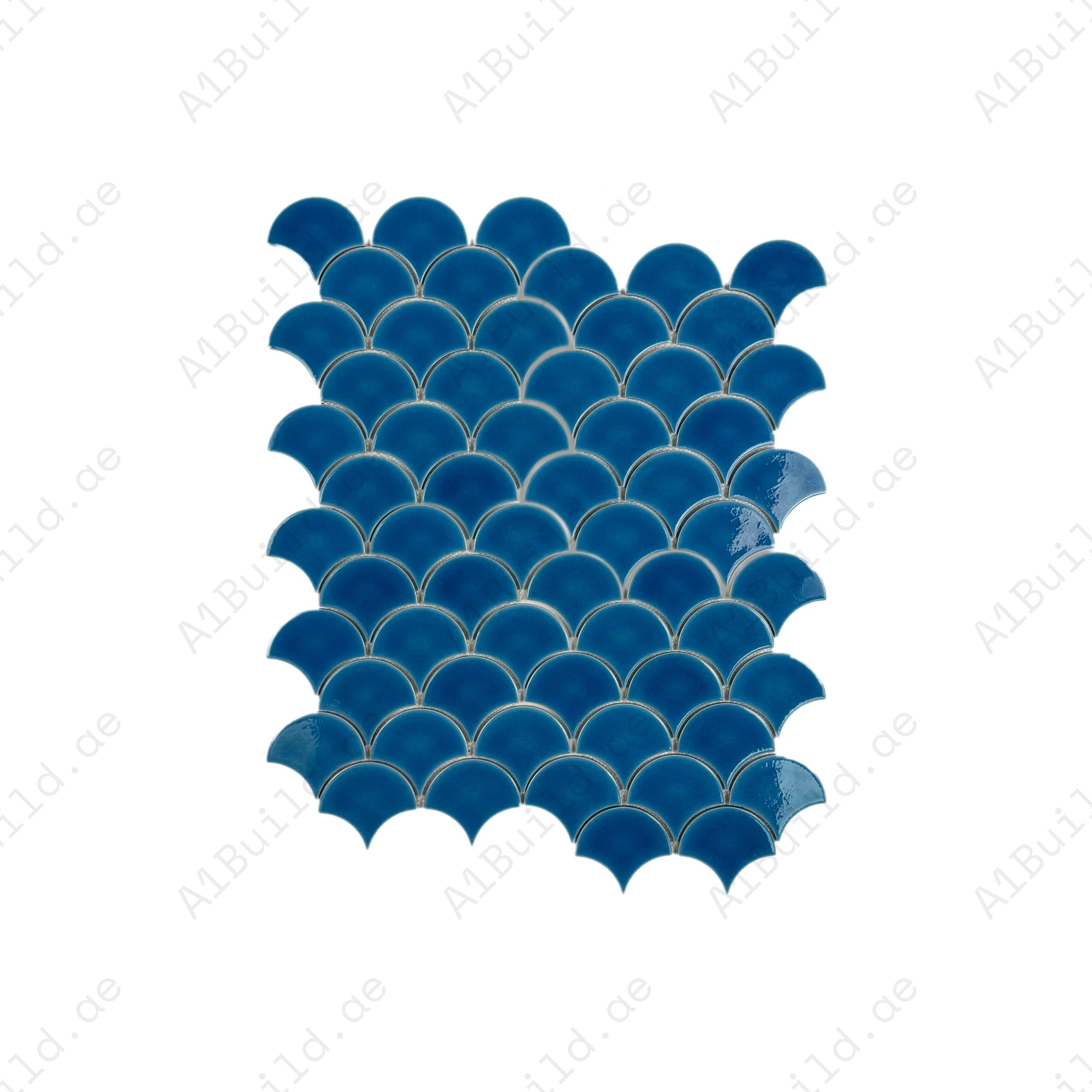 Verona Grace French Blue Fan Shape Porcelain Mosaic adds sophistication with bold curves, smooth glazed finish, and timeless elegance for walls and interiors.