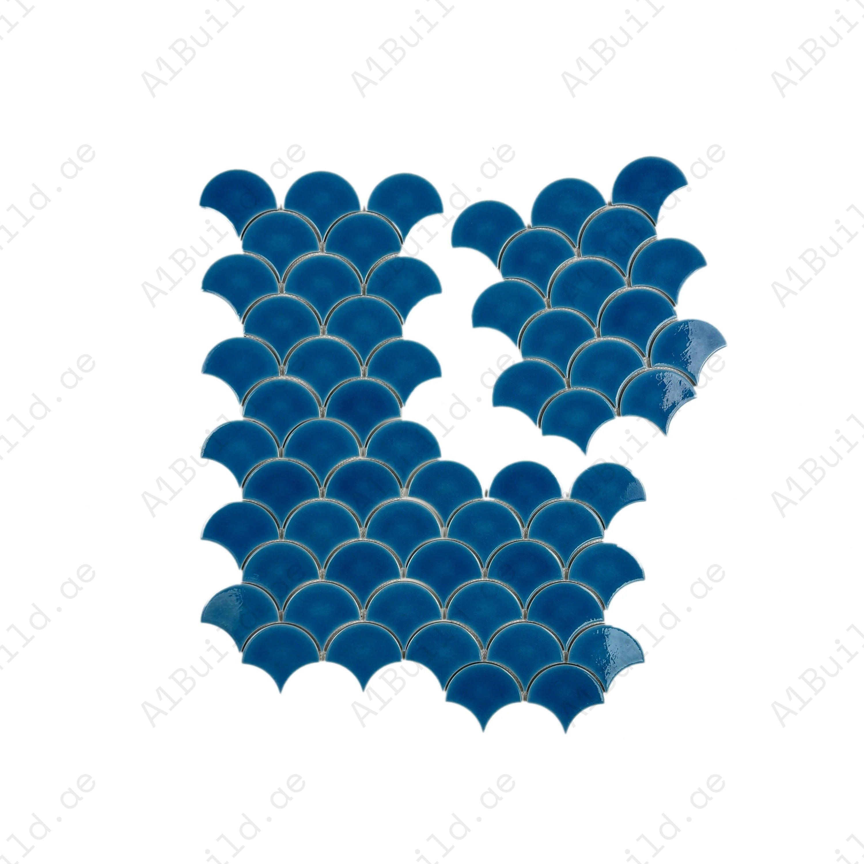 Verona Grace French Blue Fan Shape Porcelain Mosaic adds sophistication with bold curves, smooth glazed finish, and timeless elegance for walls and interiors.