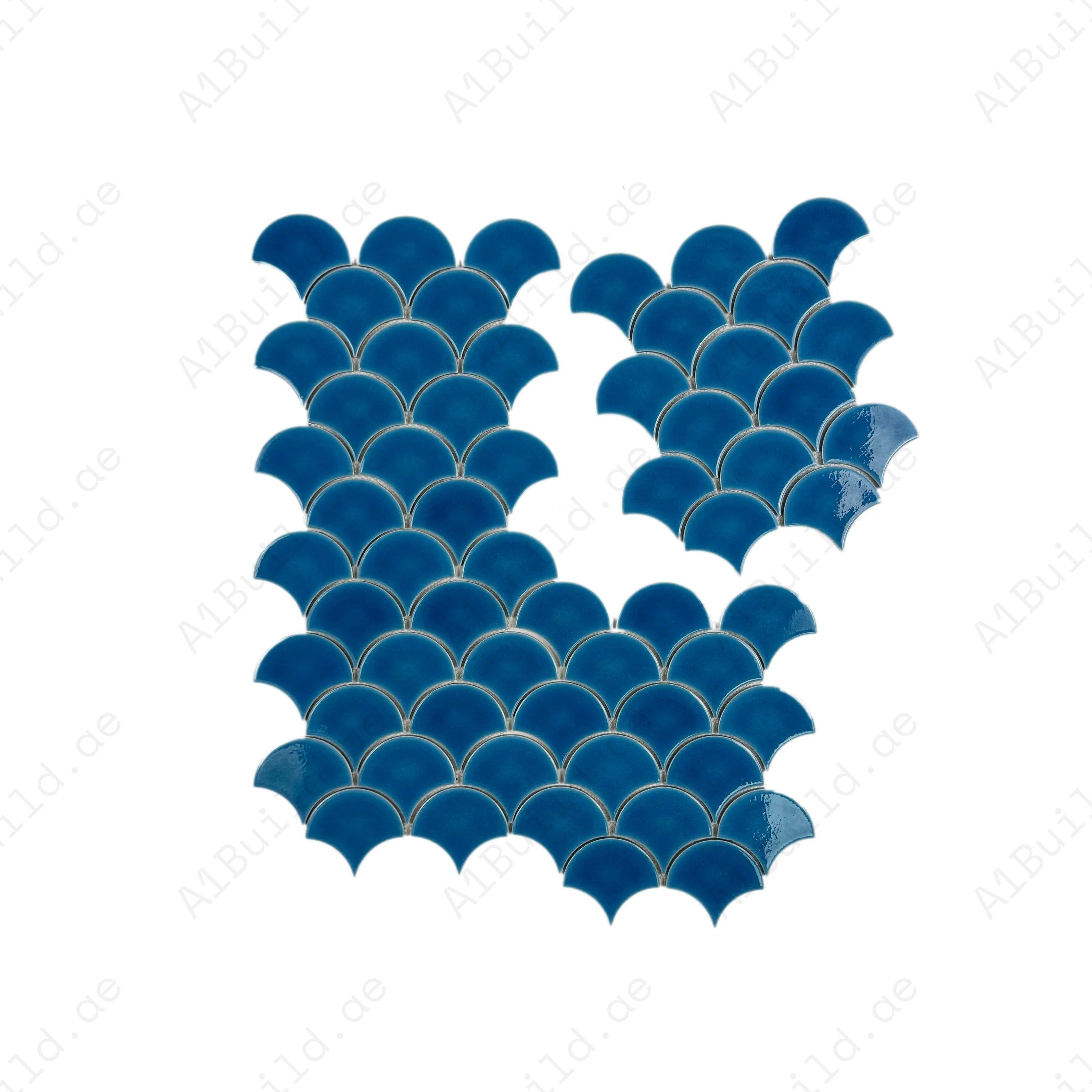 Verona Grace French Blue Fan Shape Porcelain Mosaic adds sophistication with bold curves, smooth glazed finish, and timeless elegance for walls and interiors.