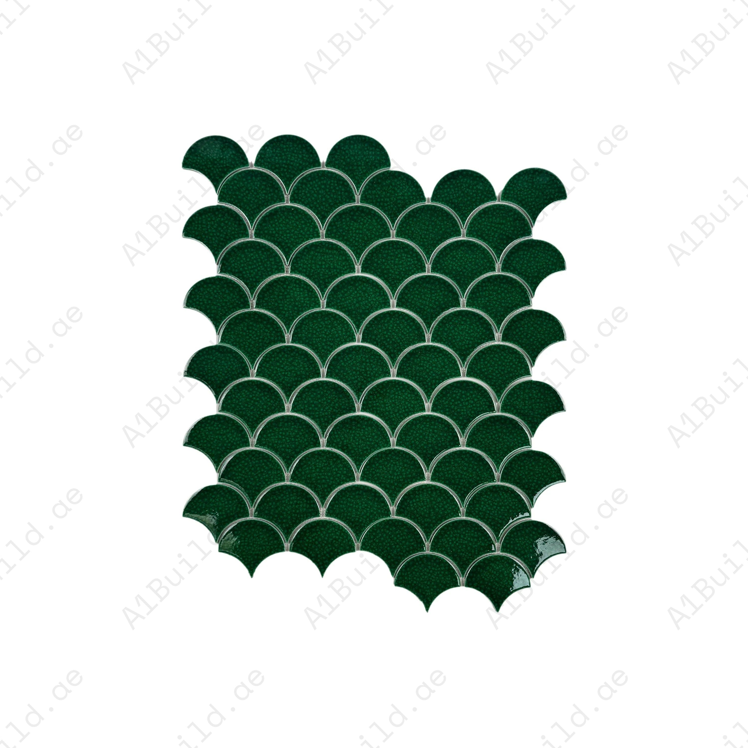 Verona Grace Leaf Green Fan Shape Porcelain Mosaic features a bold curved design, glossy finish and timeless style, adding charm to kitchens, bathrooms & walls.