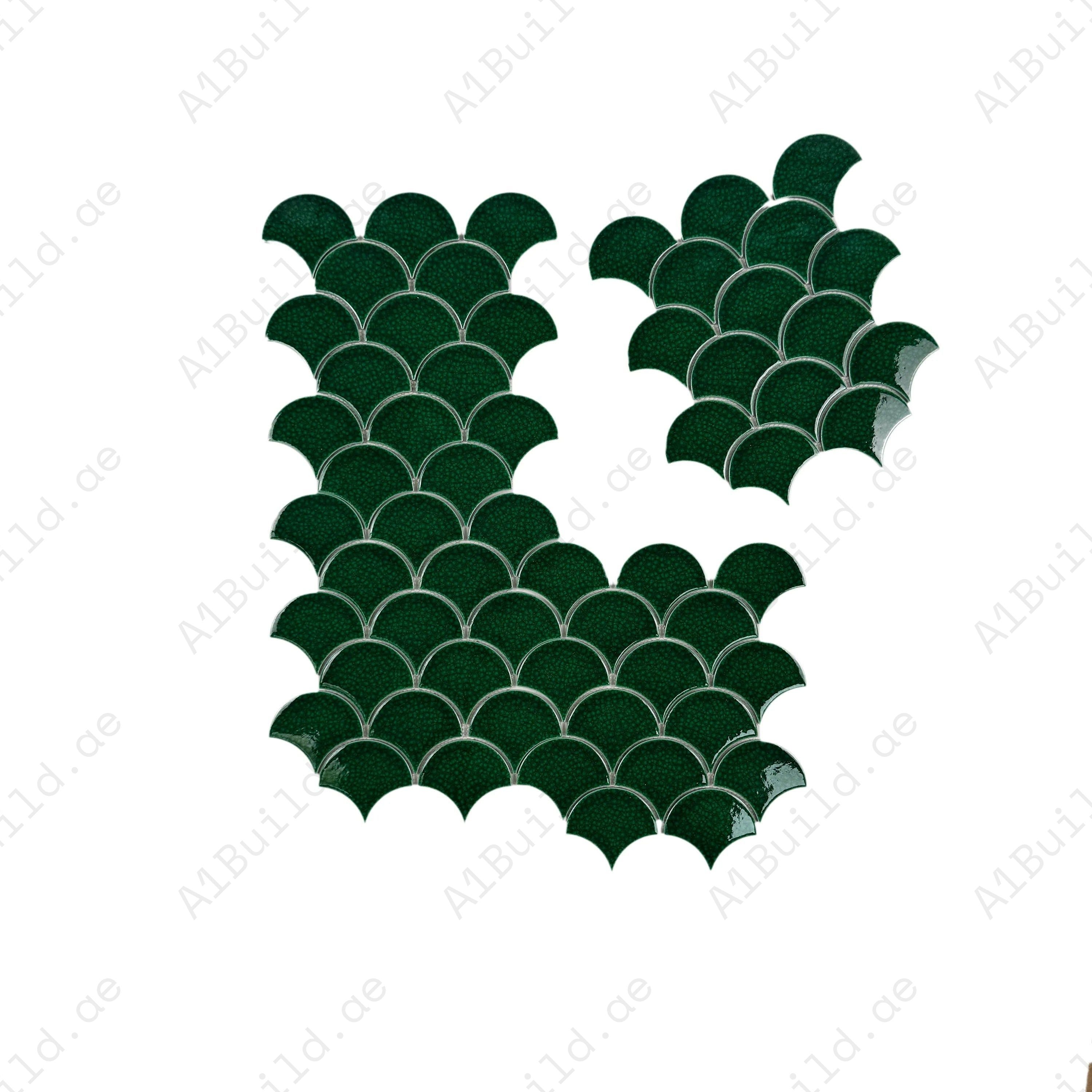 Verona Grace Leaf Green Fan Shape Porcelain Mosaic features a bold curved design, glossy finish and timeless style, adding charm to kitchens, bathrooms & walls.