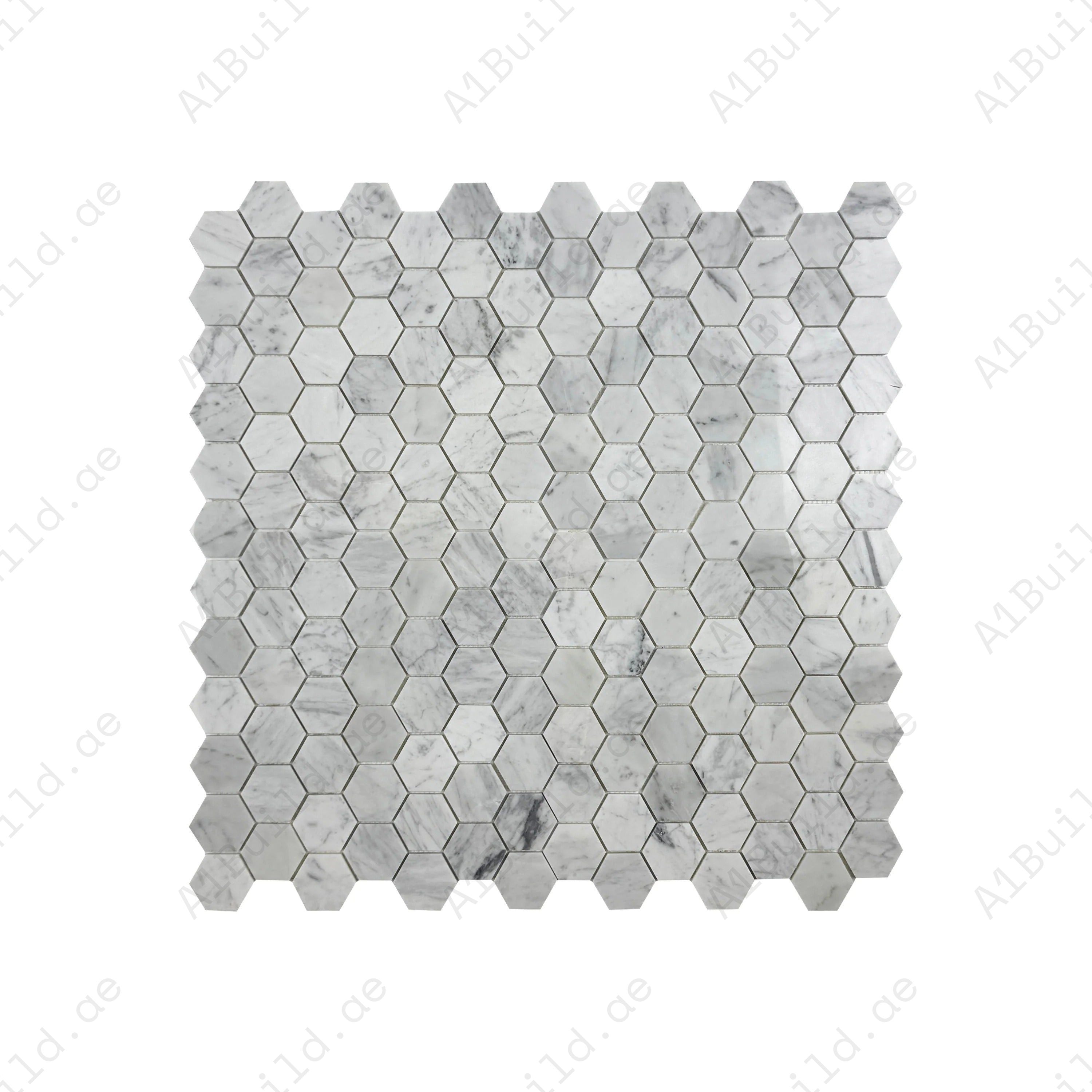 Versace Carrara White polished hexagon marble mosaic. Elegant grey veining, polished finish & durable design, perfect for bathrooms, kitchens & feature walls.