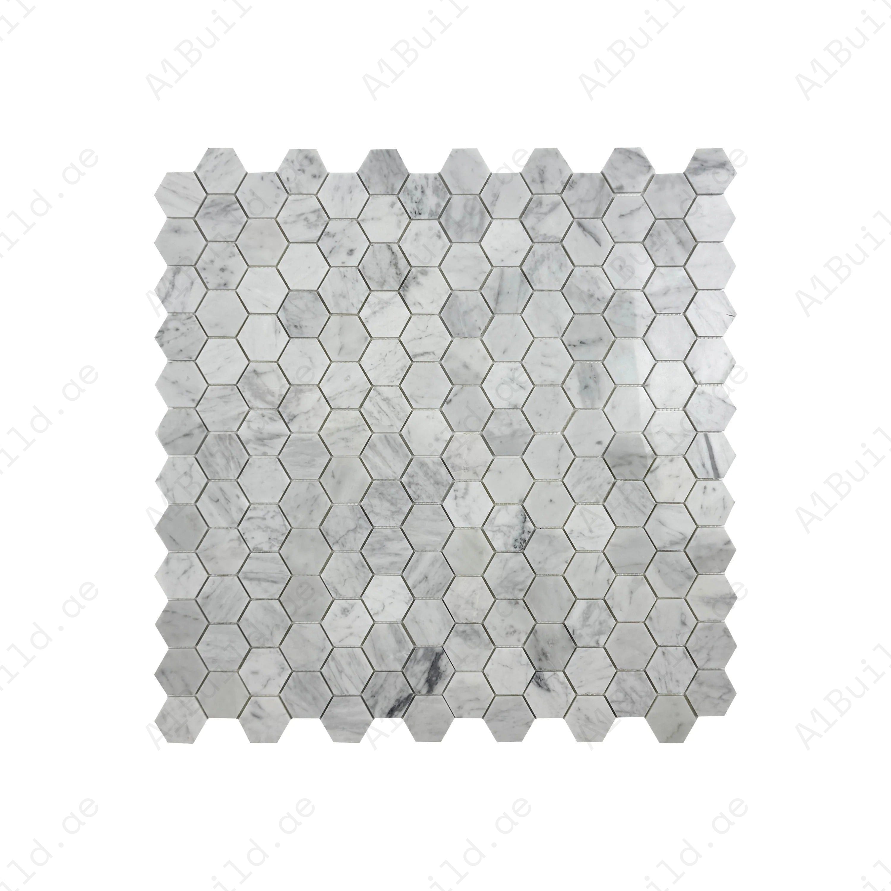 Versace Carrara White polished hexagon marble mosaic. Elegant grey veining, polished finish & durable design, perfect for bathrooms, kitchens & feature walls.