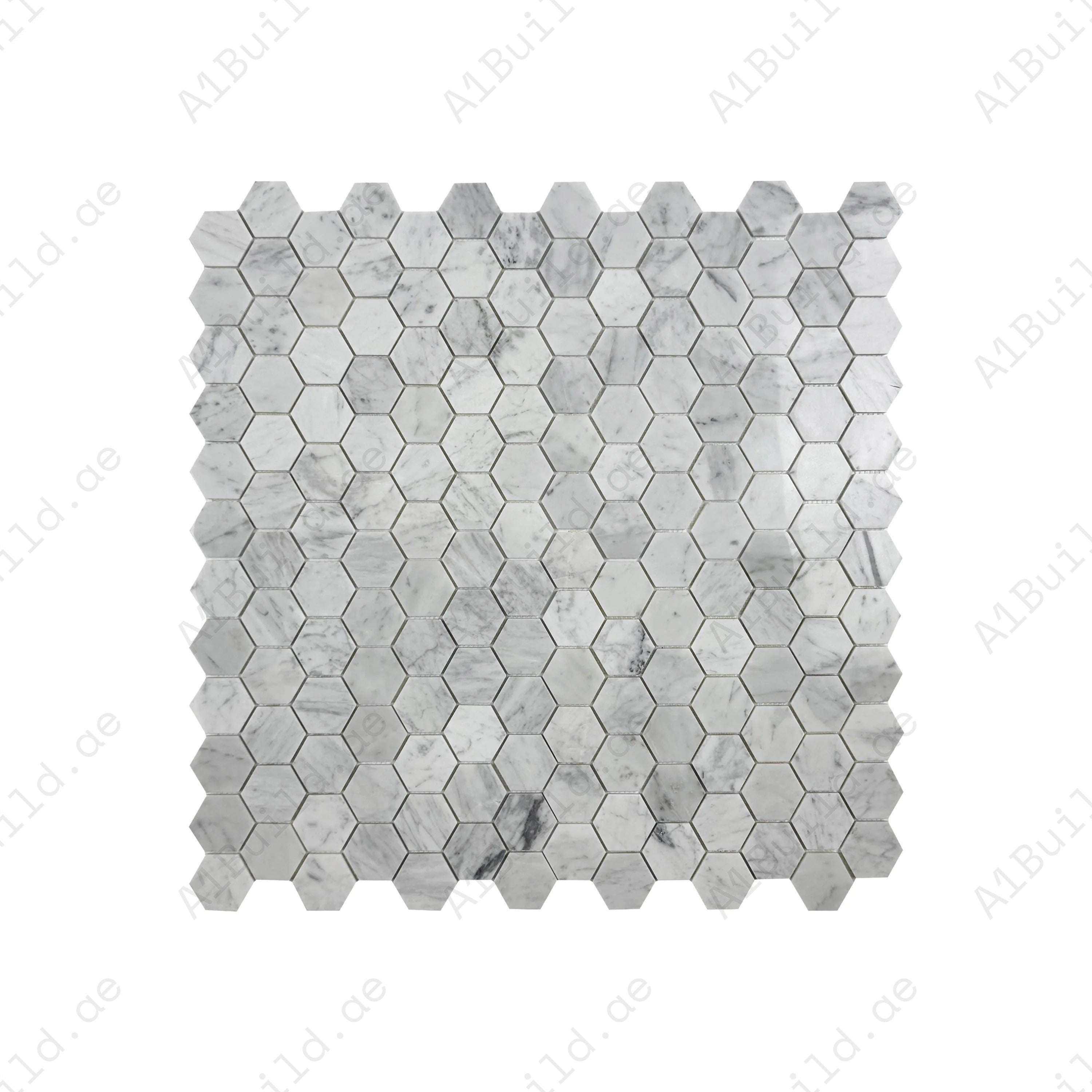 Versace Carrara White polished hexagon marble mosaic. Elegant grey veining, polished finish & durable design, perfect for bathrooms, kitchens & feature walls.