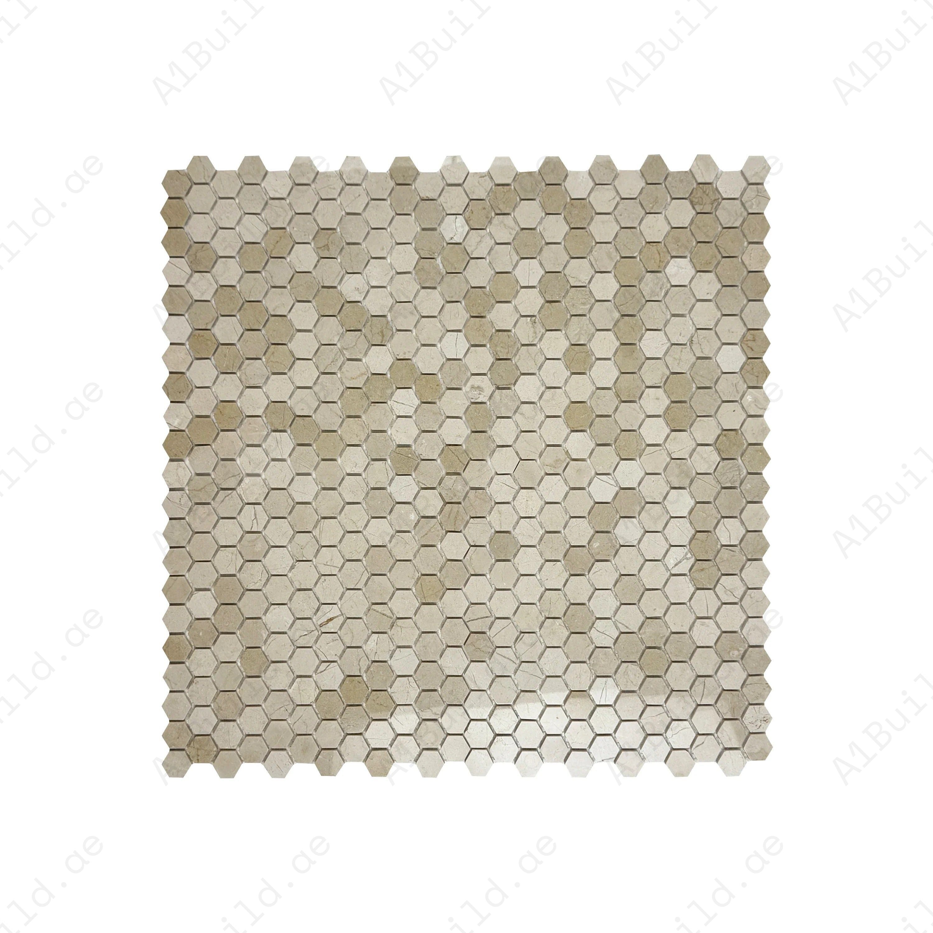 Versace Cream Marfil polished hexagon marble mosaic. Warm beige tones, polished finish & durable design, ideal for bathrooms, kitchens & feature walls.