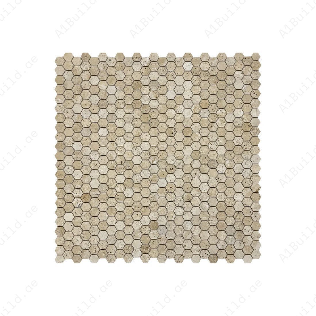 Versace Light Beige honed hexagon travertine marble mosaic tile. Natural matte finish, warm beige tones & durable stone for bathrooms, kitchens & walls.