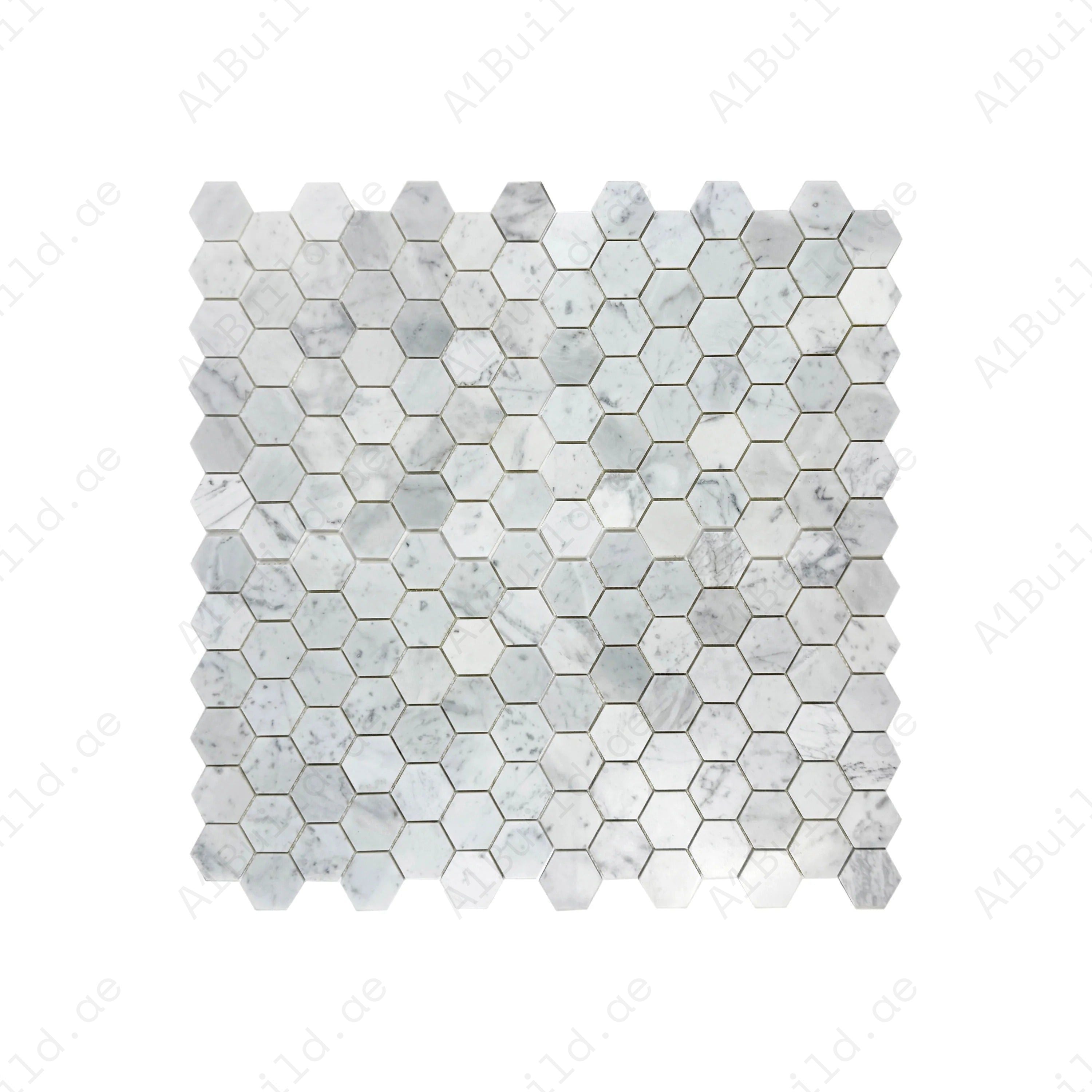 Versace Luxury Carrara White hexagon marble mosaic with polished finish. Elegant grey veining, timeless design, perfect for walls, backsplashes & floors.