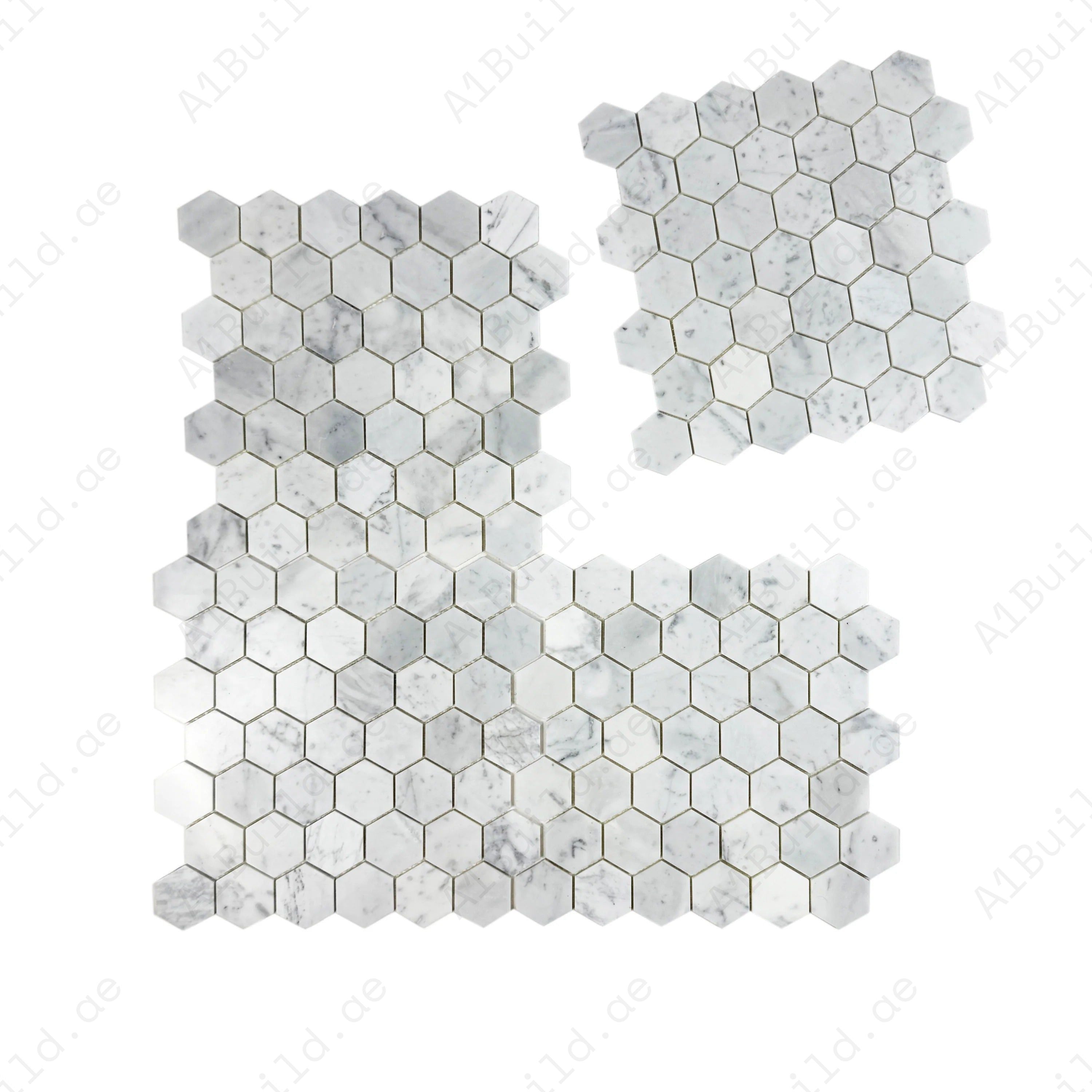 Versace Luxury Carrara White hexagon marble mosaic with polished finish. Elegant grey veining, timeless design, perfect for walls, backsplashes & floors.