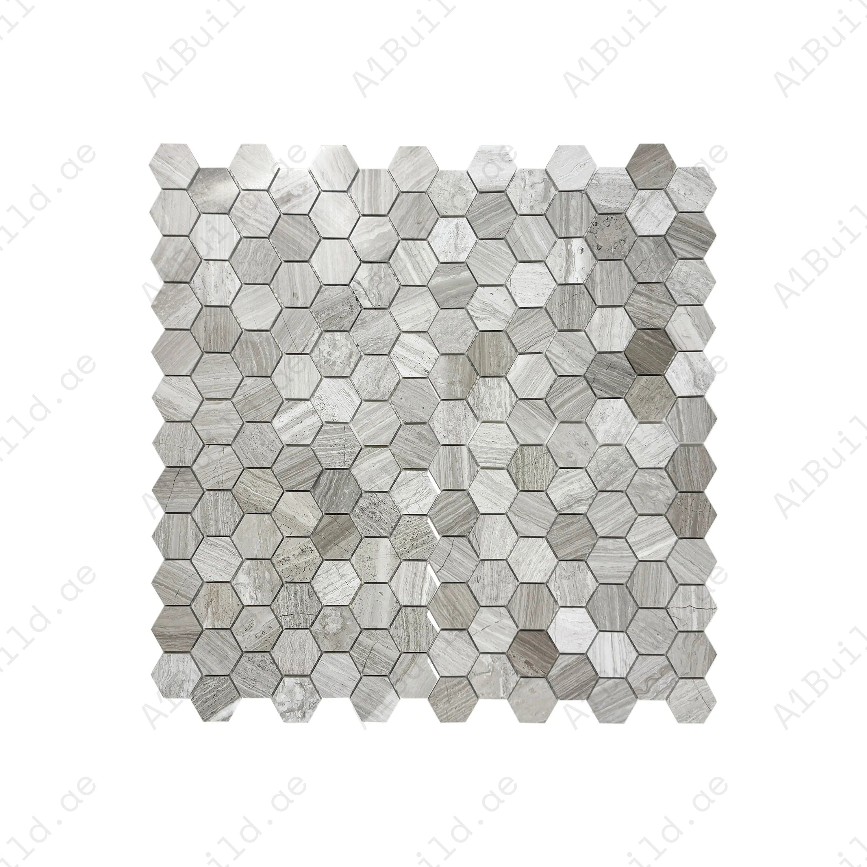 Versace White Wood Vein polished hexagon marble mosaic tile. Elegant veined design, glossy finish & durable marble for bathrooms, kitchens & feature walls.