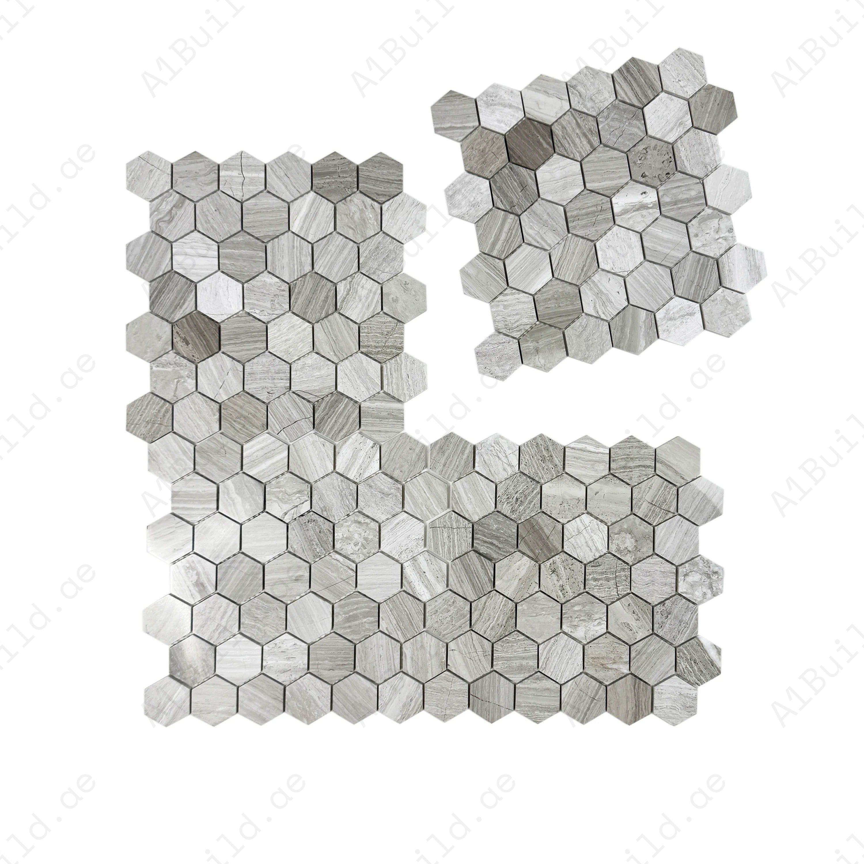 Versace White Wood Vein polished hexagon marble mosaic tile. Elegant veined design, glossy finish & durable marble for bathrooms, kitchens & feature walls.