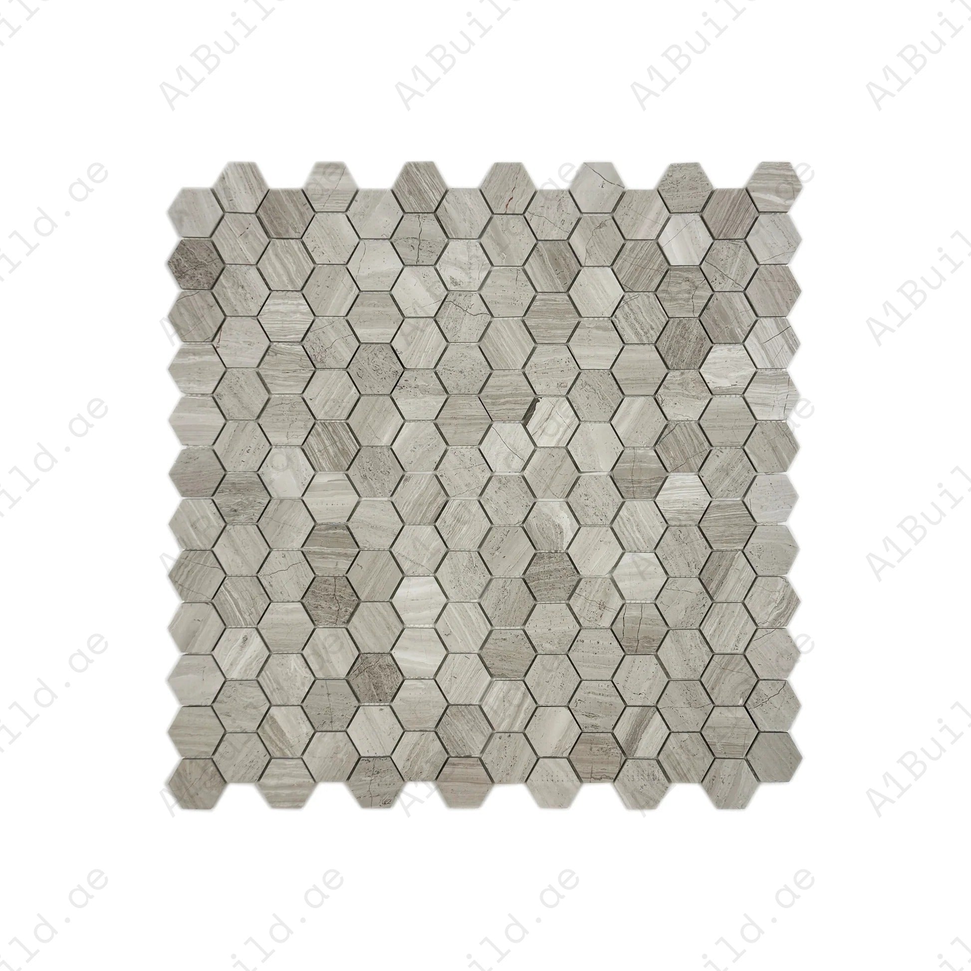 Versace White Wood Vein polished large hexagon marble mosaic tile. Elegant veined design, glossy finish & durable marble for bathrooms, kitchens & walls.