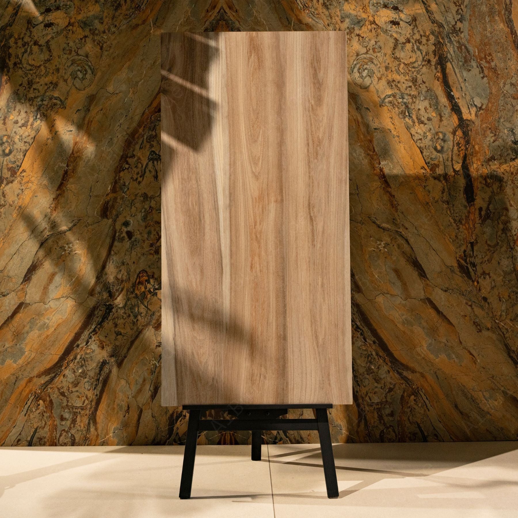 Warm Timber porcelain tile in 60x120cm size featuring rich wood grain texture, warm brown tones and durable 9mm thickness for floors and walls.