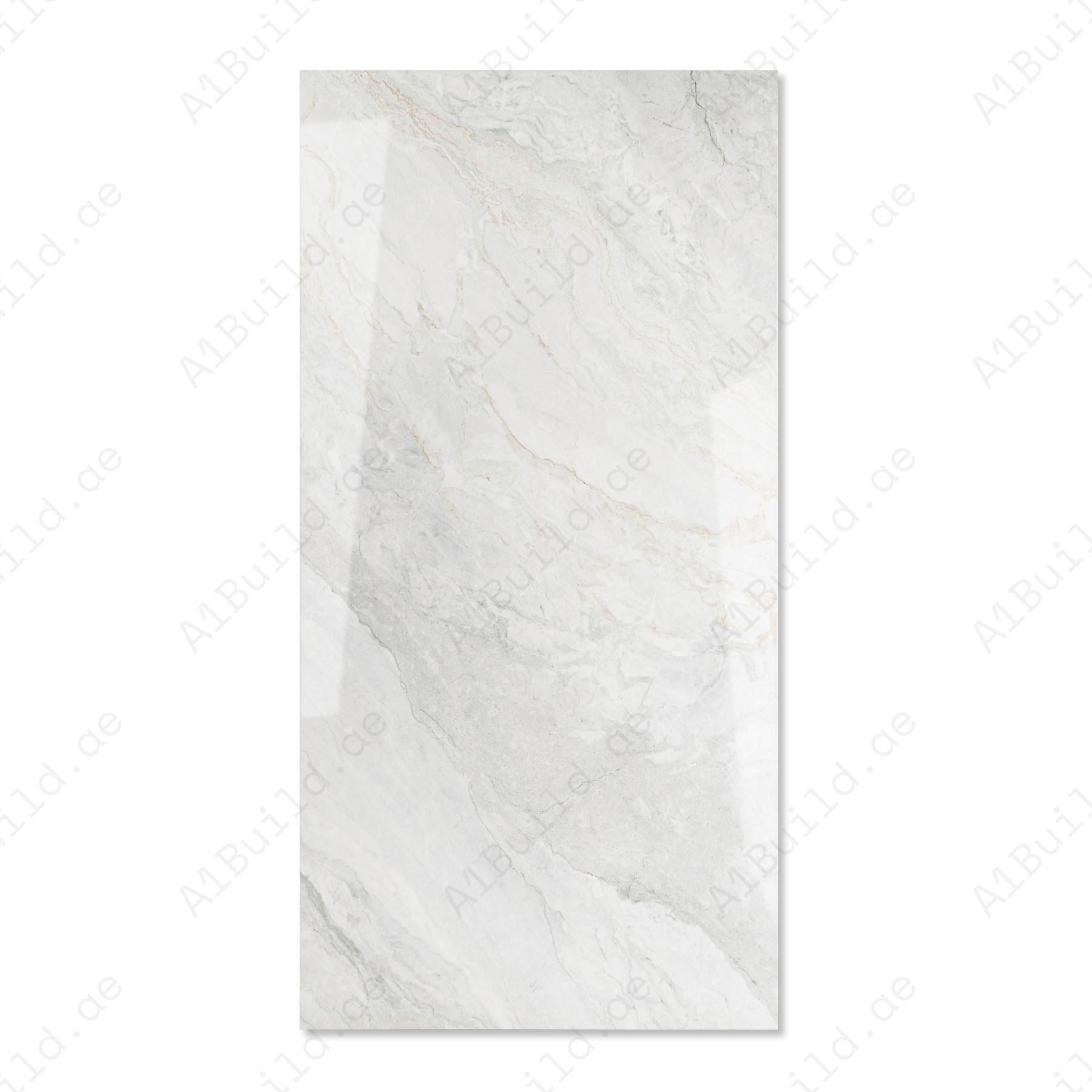 Wazti White glossy marble effect porcelain tile 60x120cm with 9mm thickness features bright white base, subtle veining and polished finish.