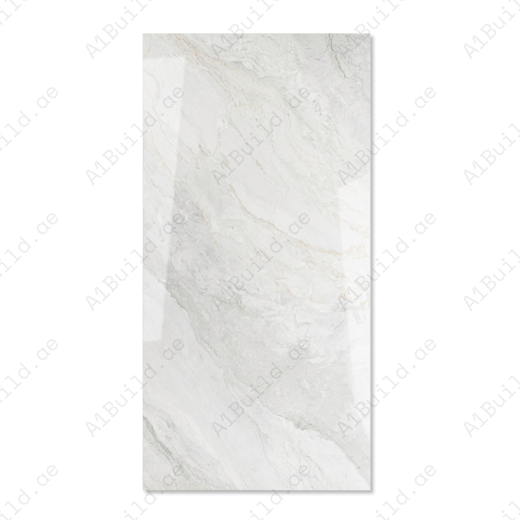 Wazti White glossy marble effect porcelain tile 60x120cm with 9mm thickness features bright white base, subtle veining and polished finish.
