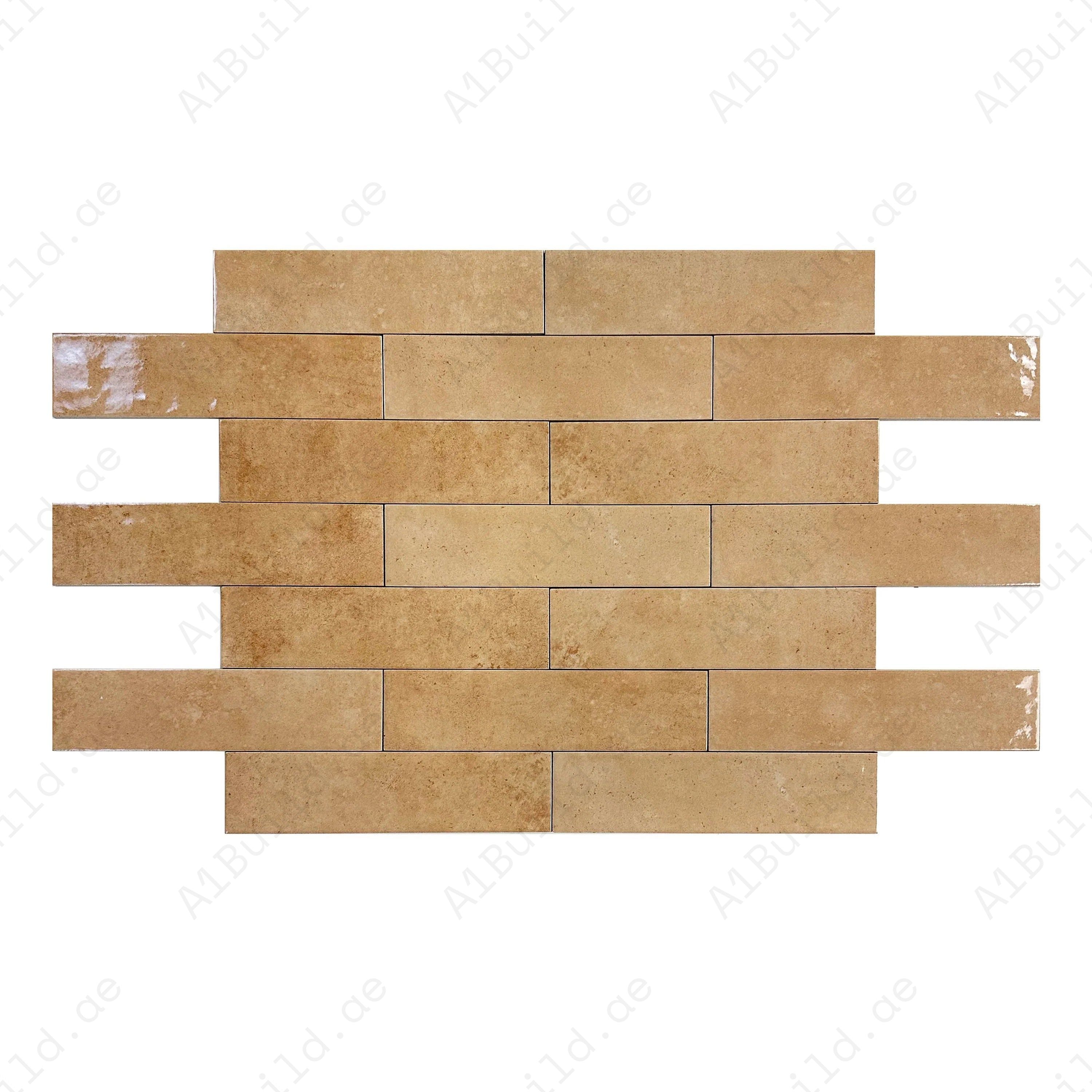 Wheat Glossy Porcelain Artisanal Tile with earthy gradients & sleek finish. Durable, waterproof & versatile—perfect for kitchens, bathrooms & wall designs.