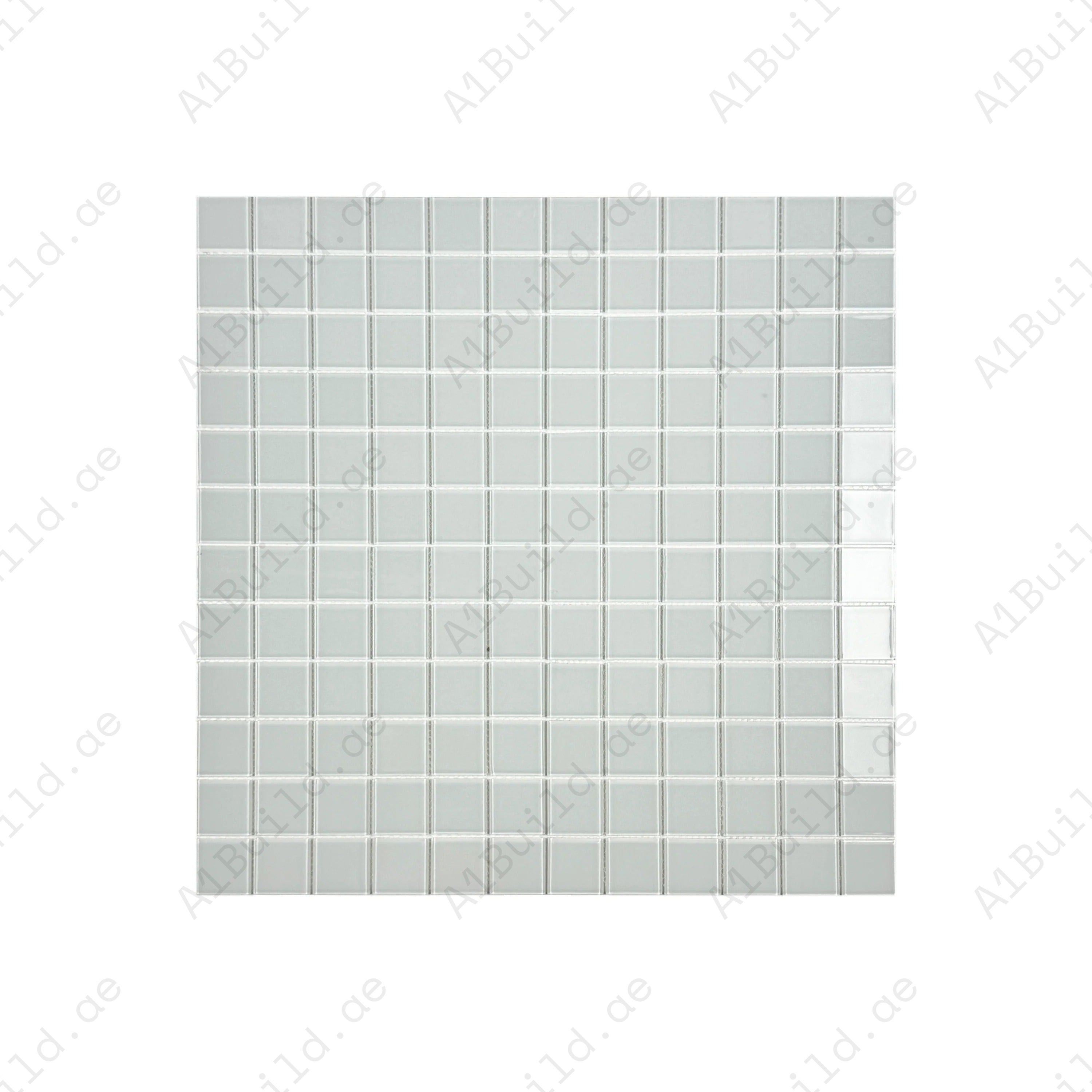 White Crystal Glass Mosaic Tile, 48x48mm, perfect for pools, spas, and bathrooms. Durable, UV-resistant, eco-friendly, and safe for luxury spaces in Dubai.