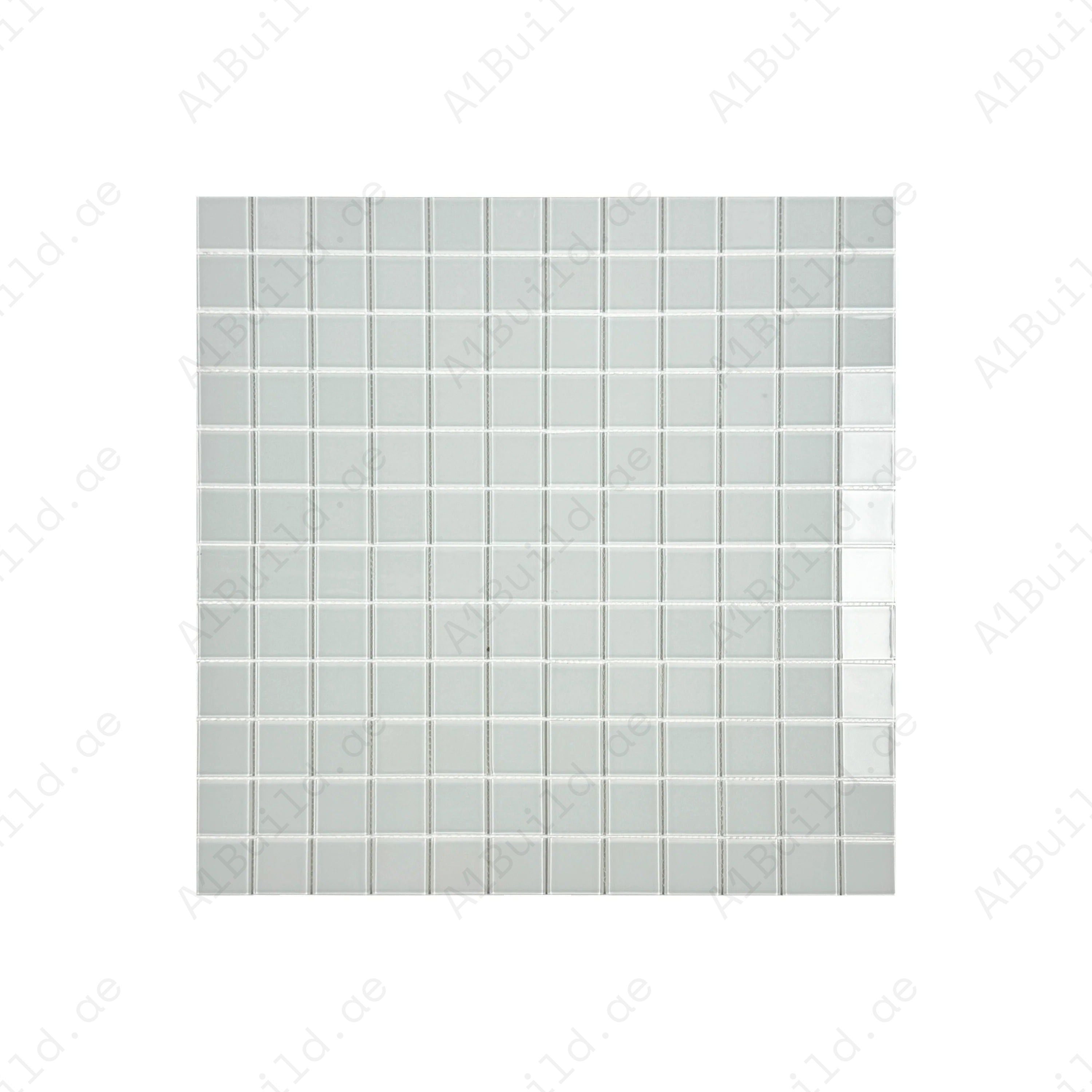 White Crystal Glass Mosaic Tile, 48x48mm, perfect for pools, spas, and bathrooms. Durable, UV-resistant, eco-friendly, and safe for luxury spaces in Dubai.