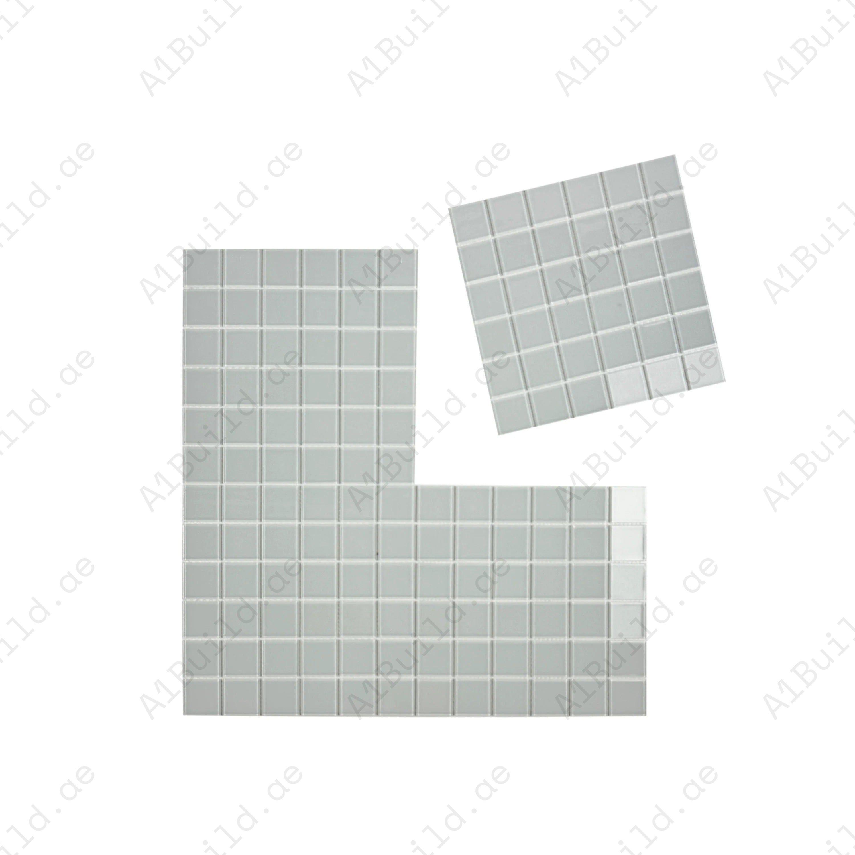 White Crystal Glass Mosaic Tile, 48x48mm, perfect for pools, spas, and bathrooms. Durable, UV-resistant, eco-friendly, and safe for luxury spaces in Dubai.