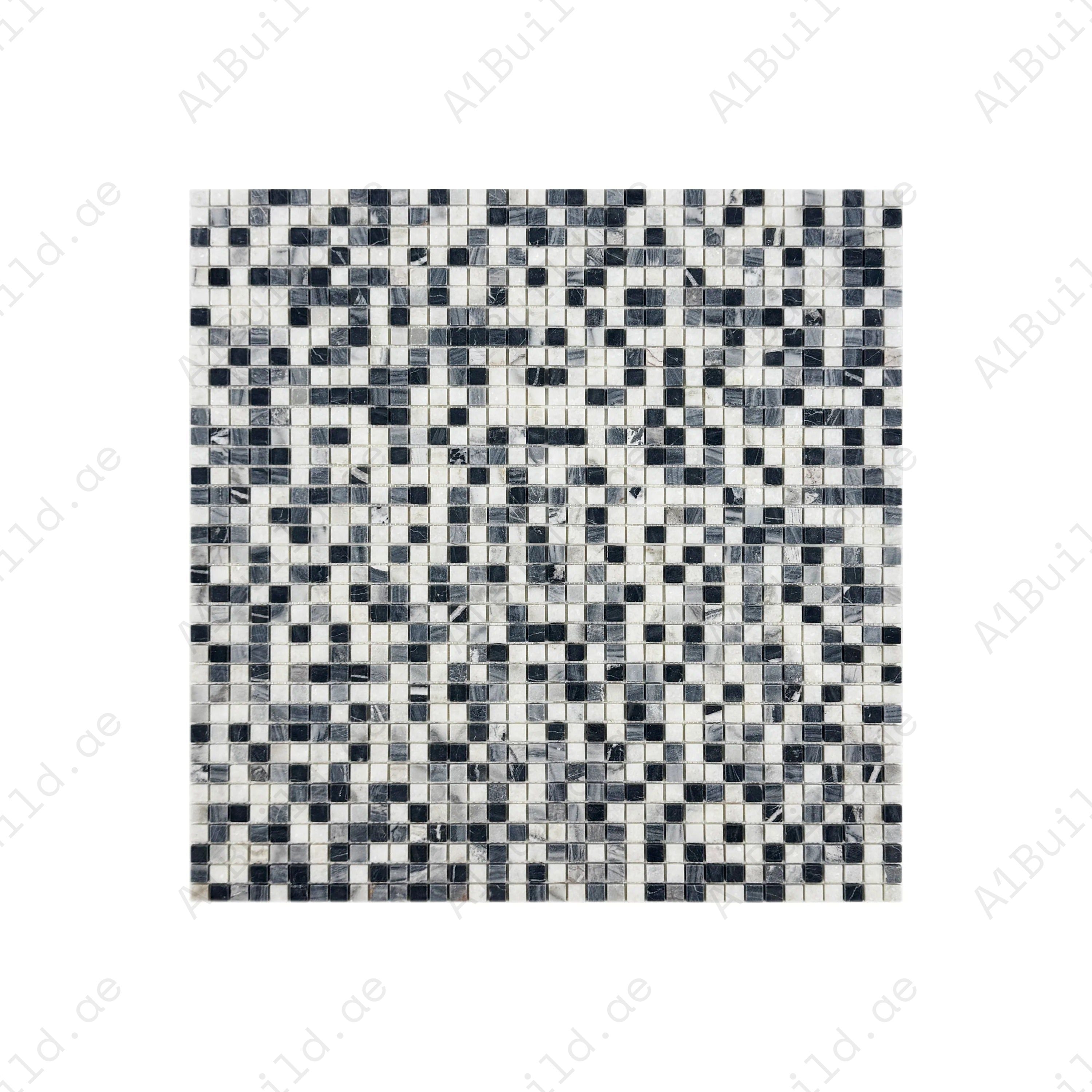 White, Lava Grey & Charcoal Grey honed marble mosaic with mixed random pattern. Ideal for walls, backsplashes, and decorative interiors with a matte finish.