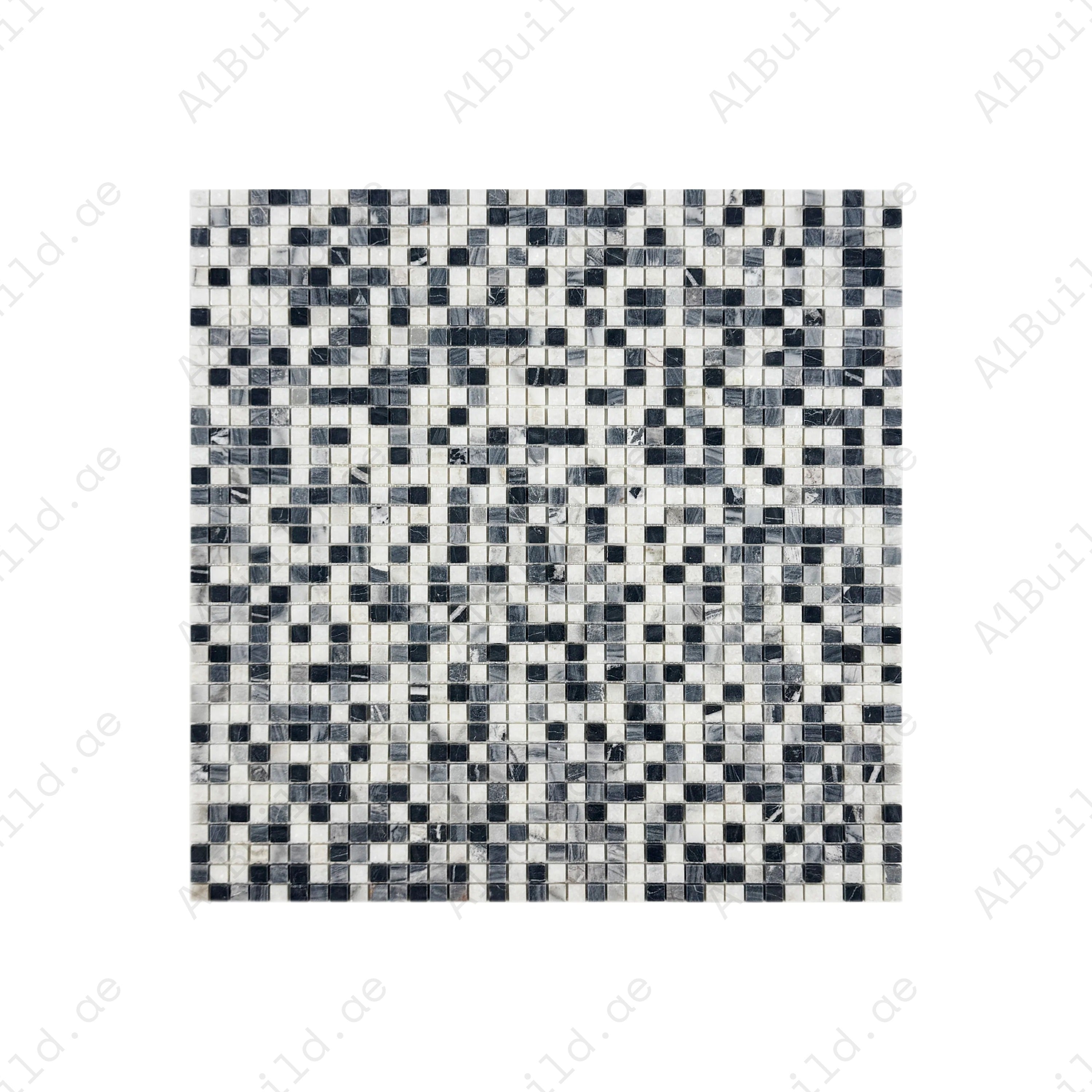White, Lava Grey & Charcoal Grey honed marble mosaic with mixed random pattern. Ideal for walls, backsplashes, and decorative interiors with a matte finish.
