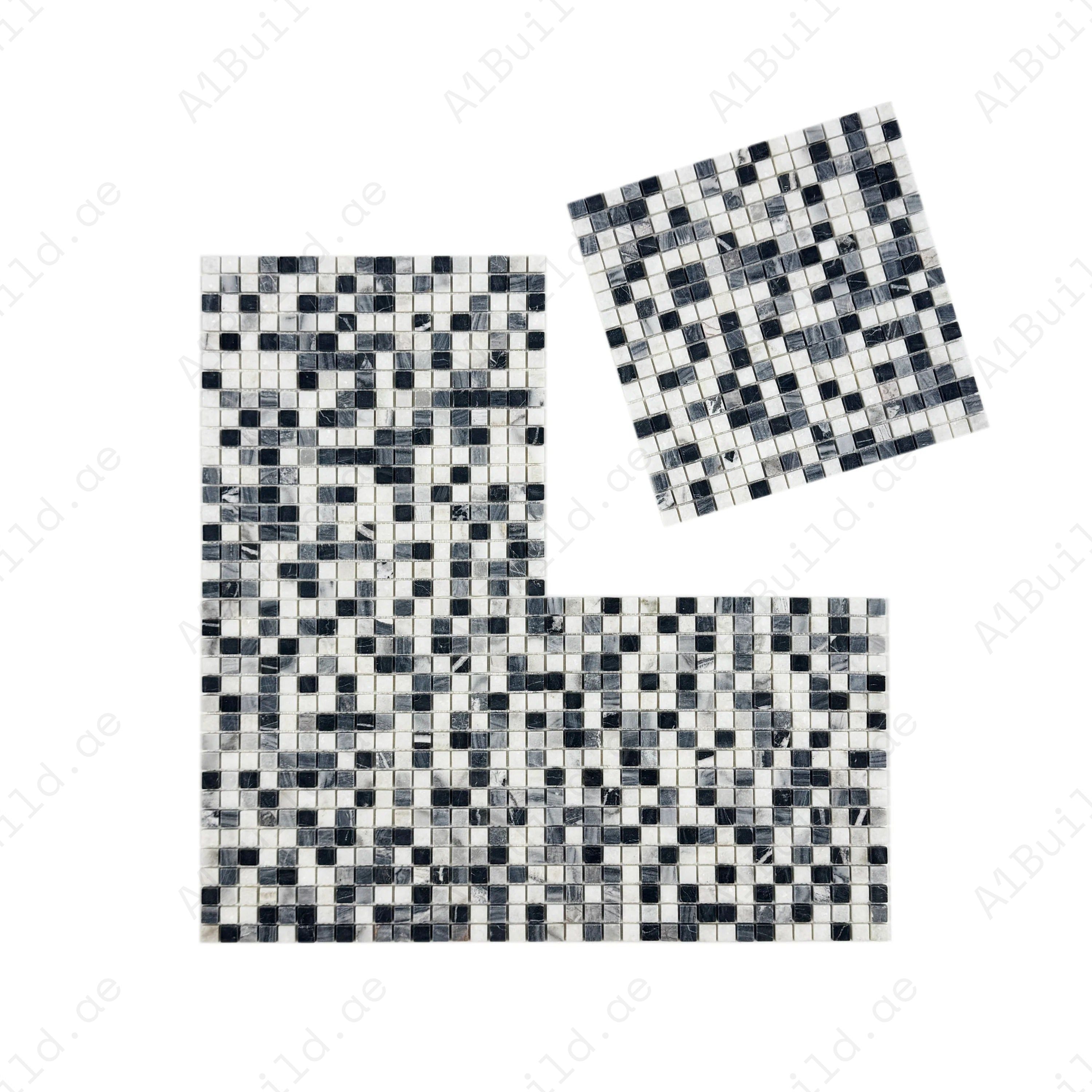 White, Lava Grey & Charcoal Grey honed marble mosaic with mixed random pattern. Ideal for walls, backsplashes, and decorative interiors with a matte finish.