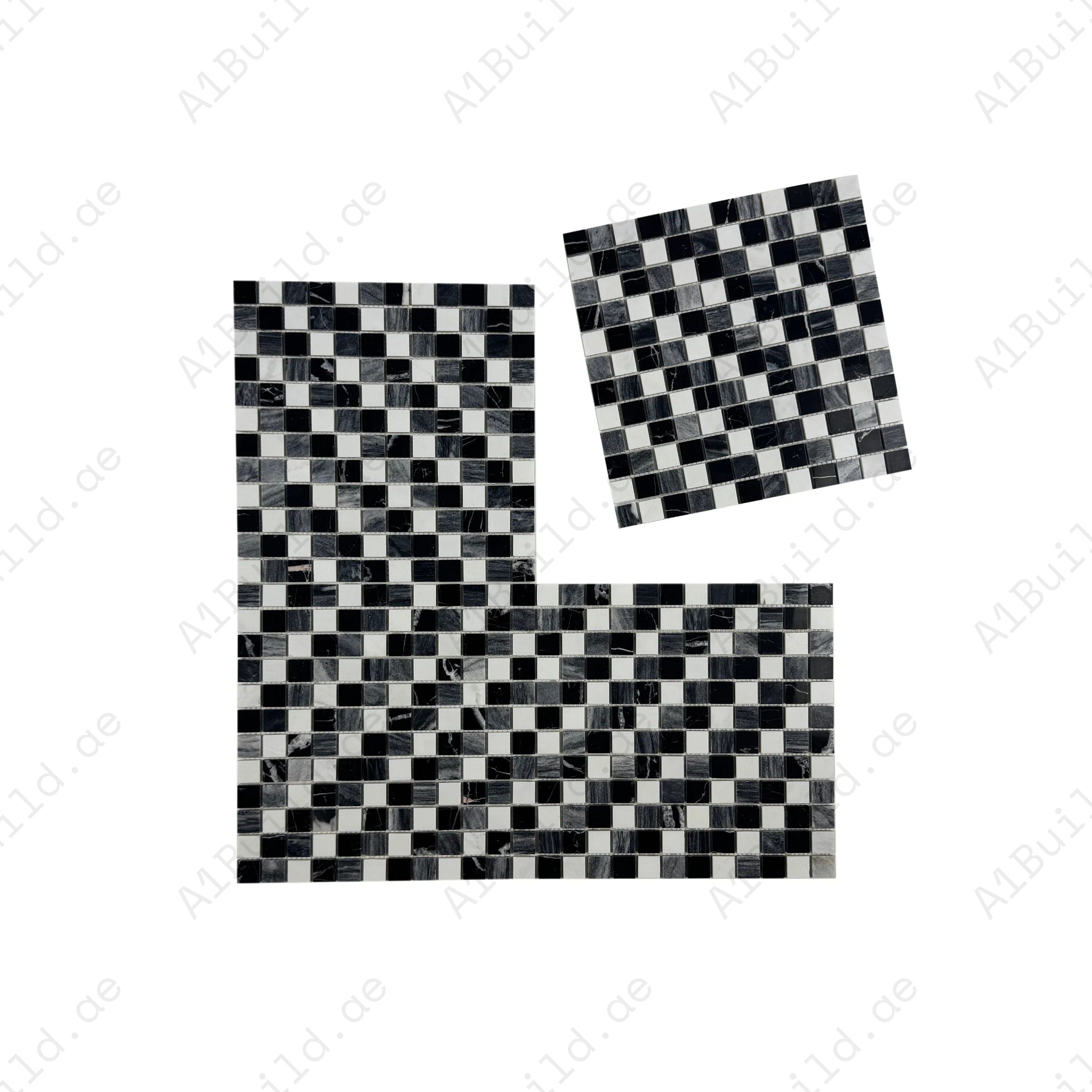 White, Lava Grey & Charcoal Grey honed marble mosaic with mixed regular pattern. Perfect for walls, backsplashes, and decorative interiors with a matte finish.