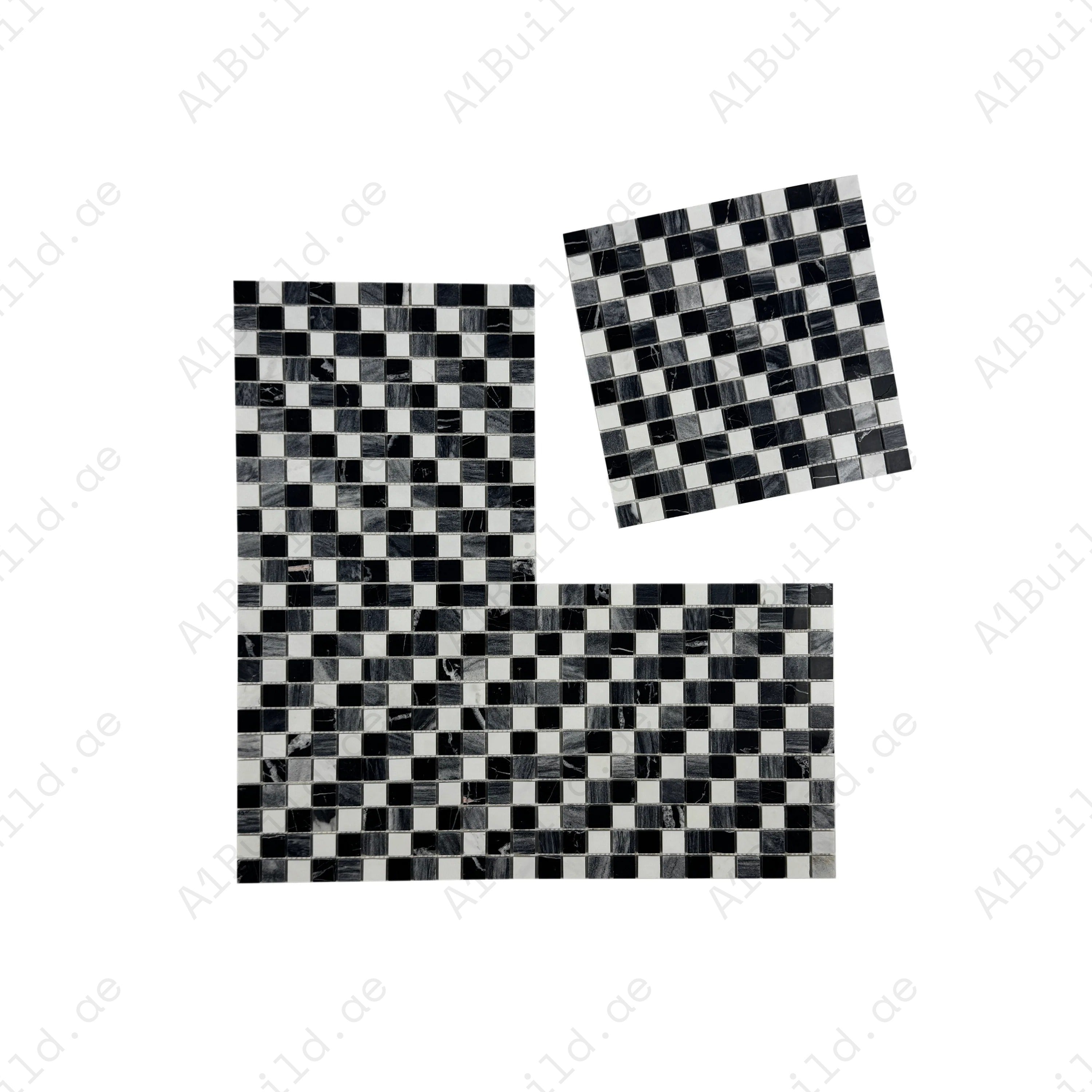 White, Lava Grey & Charcoal Grey honed marble mosaic with mixed regular pattern. Perfect for walls, backsplashes, and decorative interiors with a matte finish.