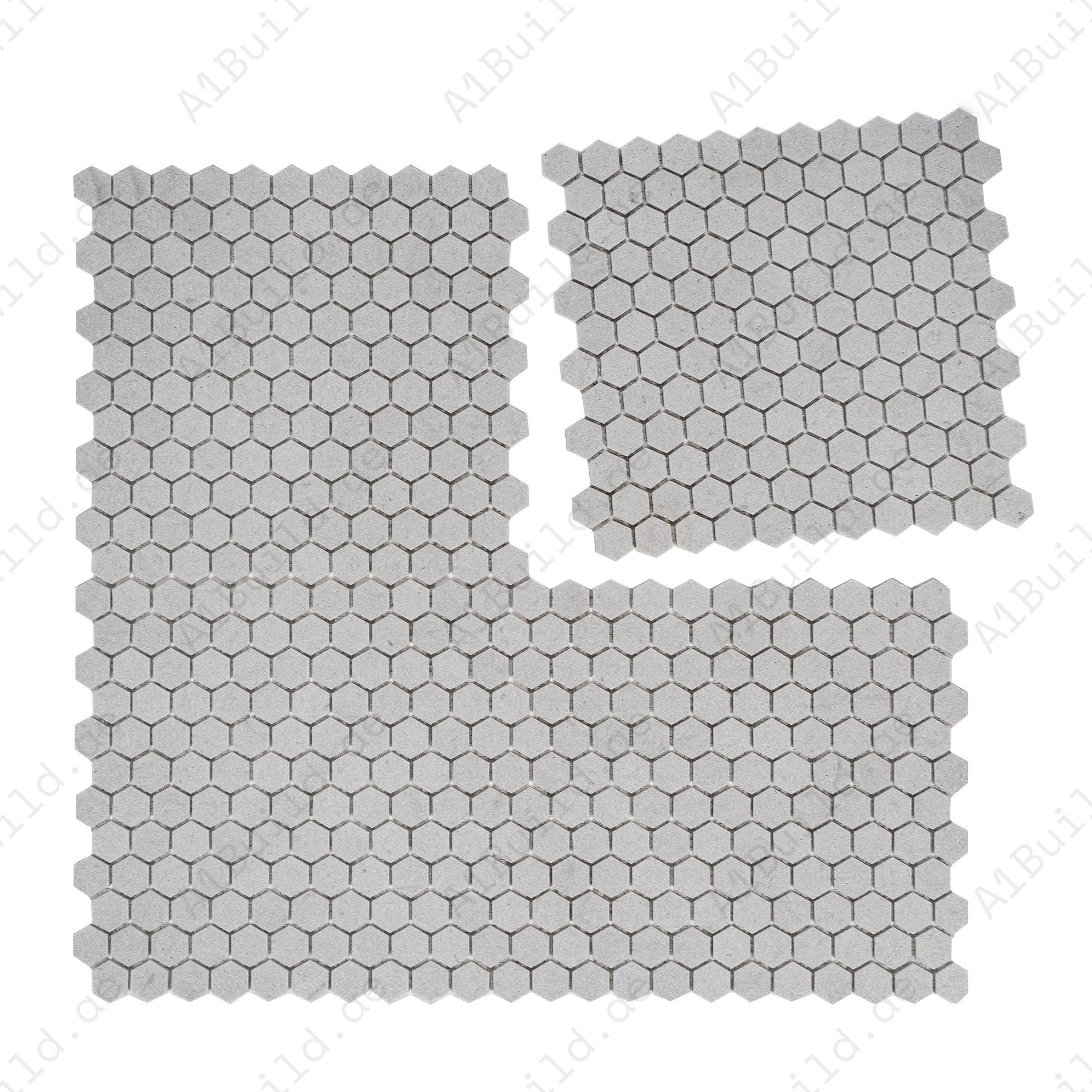 White Travertine Kwong Sal Hexagon Marble Mosaic with honed finish, offering durability, elegance, and style for walls, backsplashes, and accent areas.
