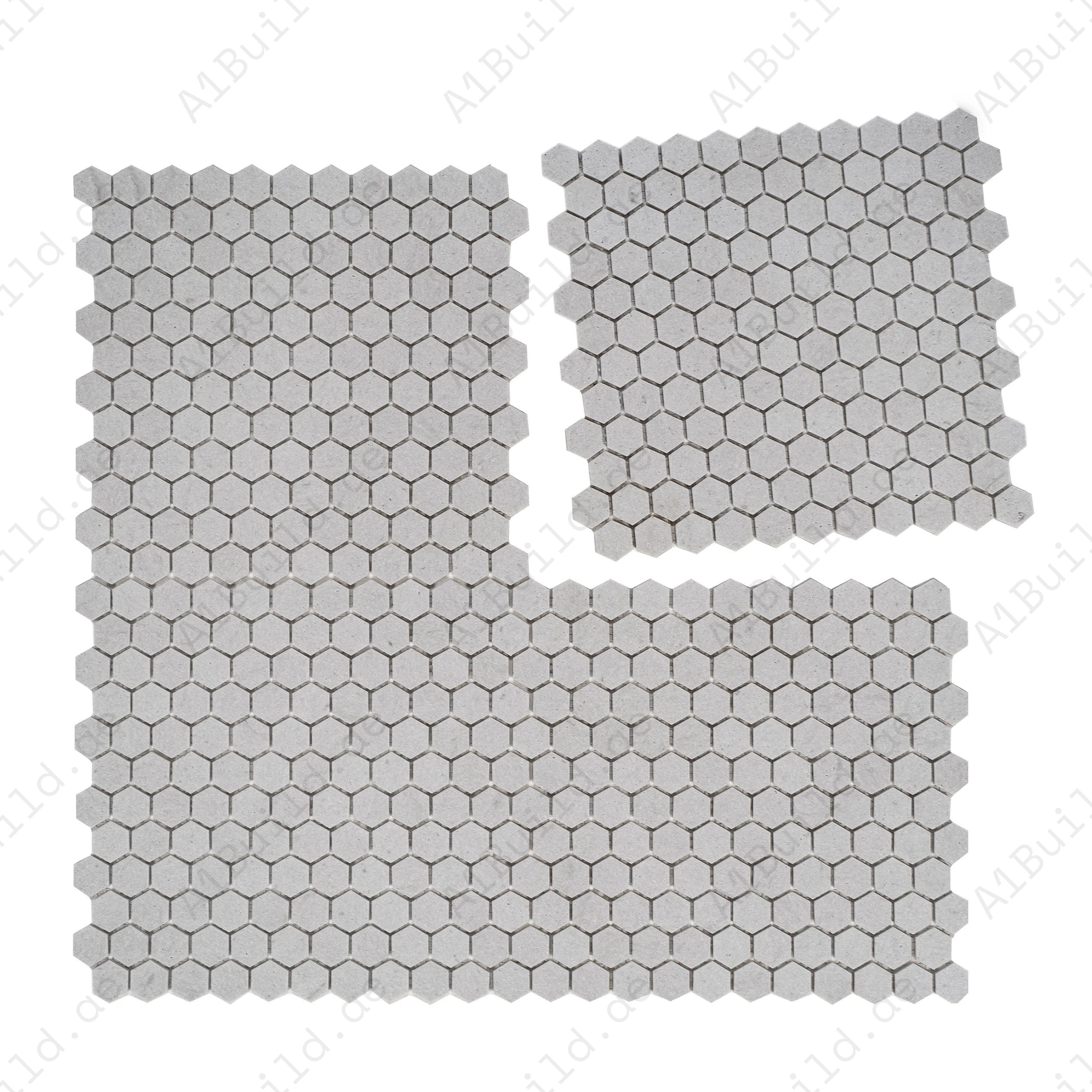 White Travertine Kwong Sal Hexagon Marble Mosaic with honed finish, offering durability, elegance, and style for walls, backsplashes, and accent areas.