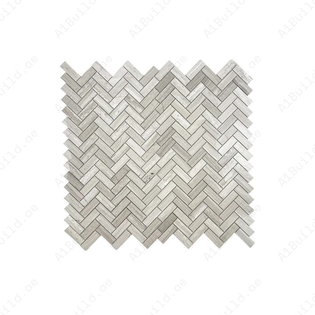 White Wood Vein Polished Herringbone Marble Mosaic – Luxurious polished marble with a refined herringbone design, perfect for walls, kitchens, and bathrooms.
