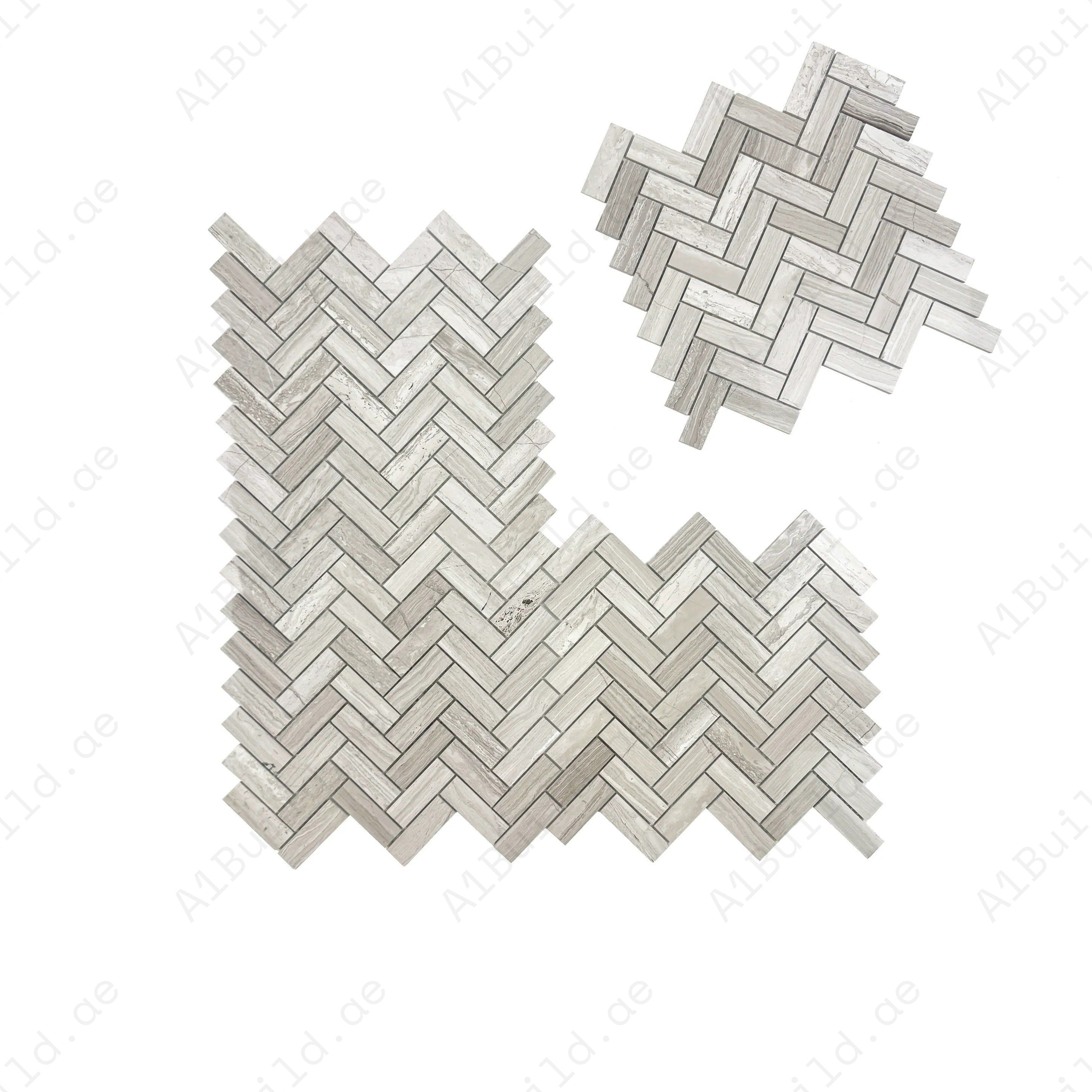 White Wood Vein Polished Herringbone Marble Mosaic – Luxurious polished marble with a refined herringbone design, perfect for walls, kitchens, and bathrooms.