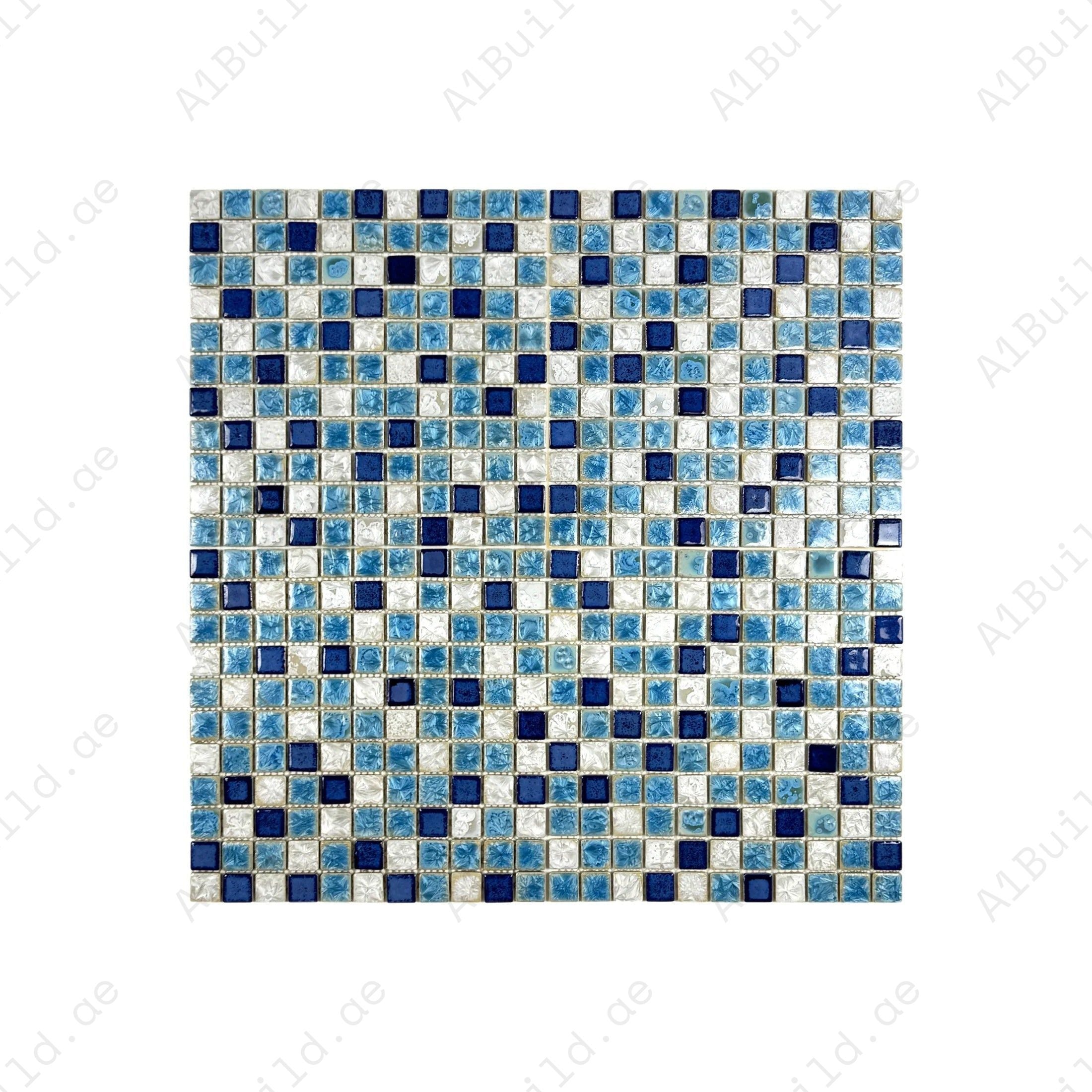 White, baby & navy blue ice crack porcelain mosaic tiles for pools & spas. Durable, UV-resistant, slip-safe & eco-friendly. Perfect for luxury designs.
