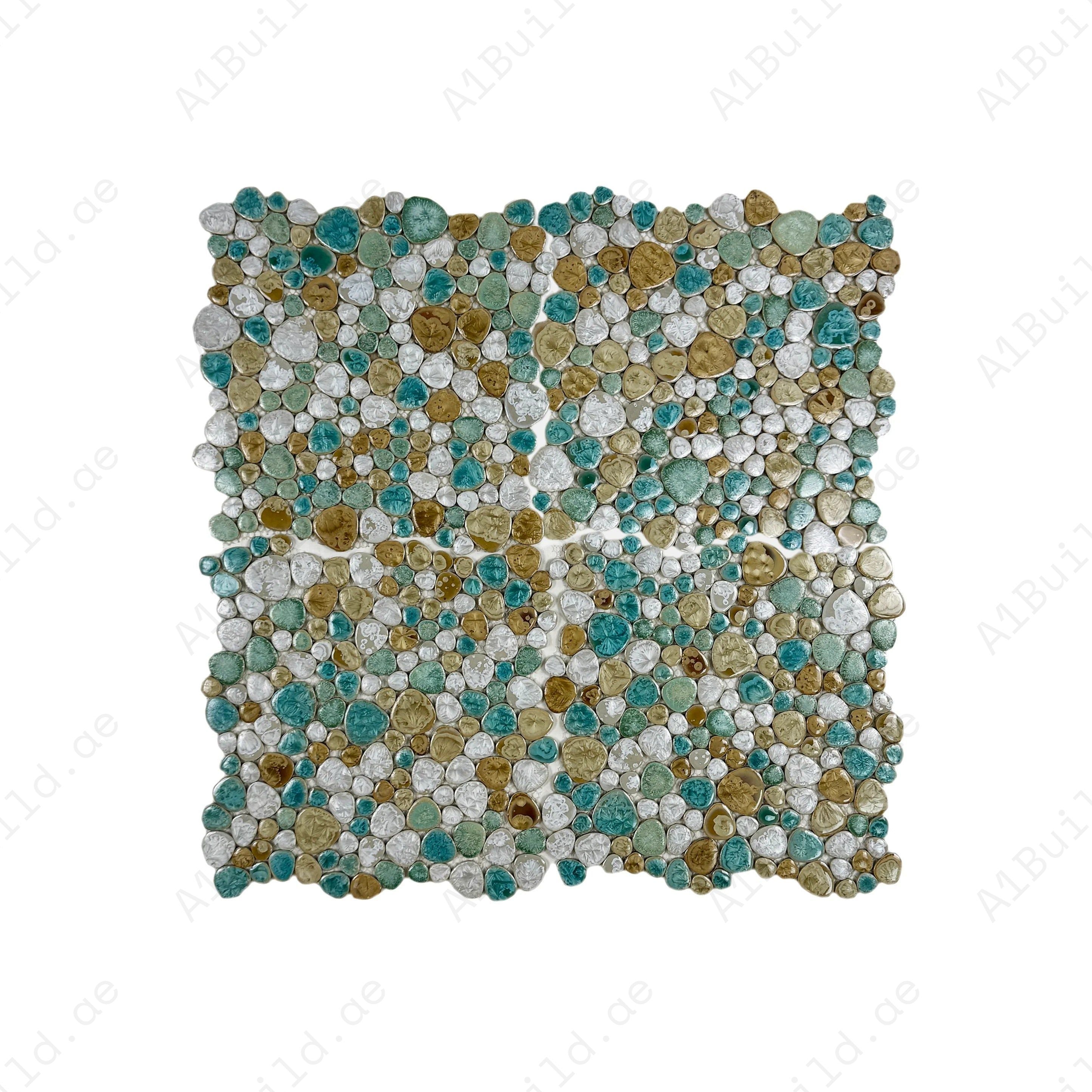 White, beige & jungle green mixed round ice crack porcelain mosaic. Perfect for walls, kitchens, bathrooms, and decorative spaces with a natural vibe.